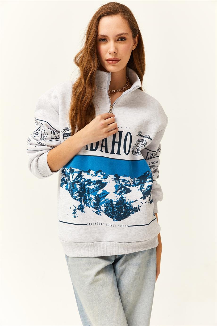 Fermuarlı Dik Yaka Şardonlu Oversize Sweatshirt Gri Melanj