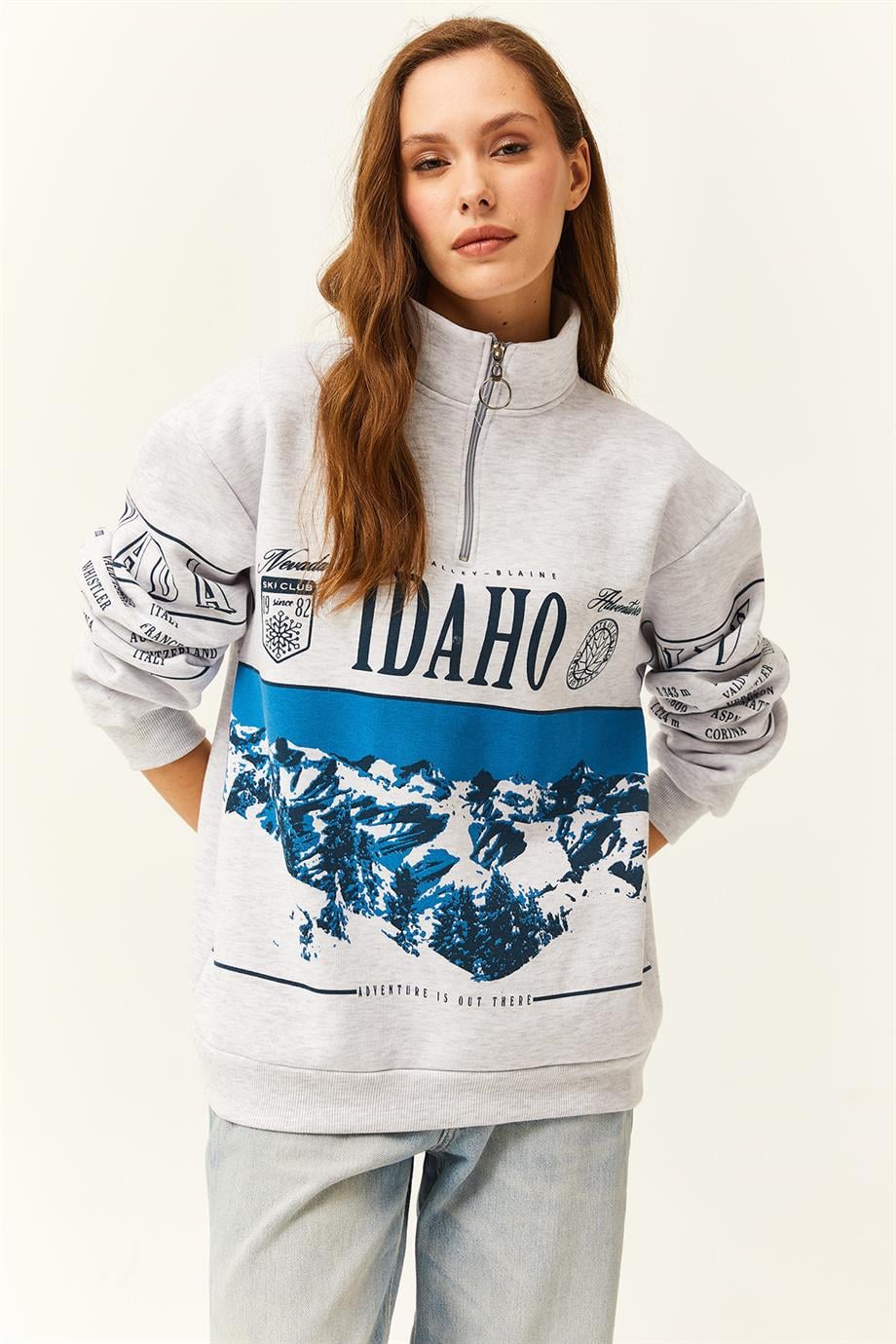 Fermuarlı Dik Yaka Şardonlu Oversize Sweatshirt Gri Melanj