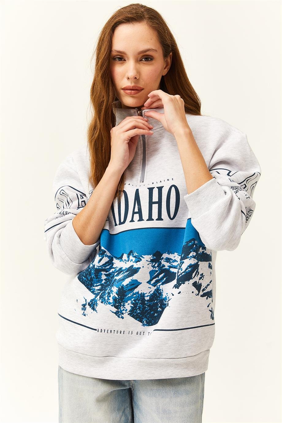 Fermuarlı Dik Yaka Şardonlu Oversize Sweatshirt Gri Melanj