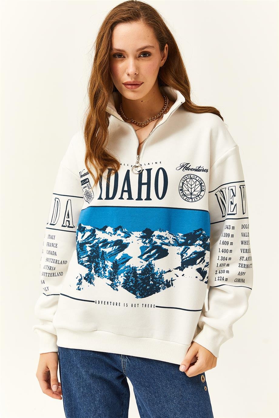 Fermuarlı Dik Yaka Şardonlu Oversize Sweatshirt Ekru
