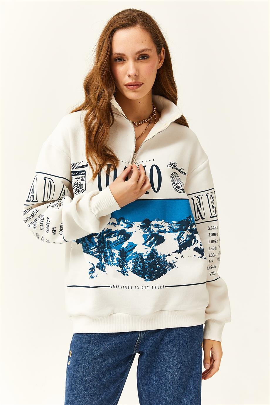 Fermuarlı Dik Yaka Şardonlu Oversize Sweatshirt Ekru