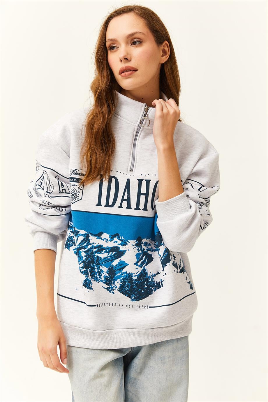 Fermuarlı Dik Yaka Şardonlu Oversize Sweatshirt Gri Melanj