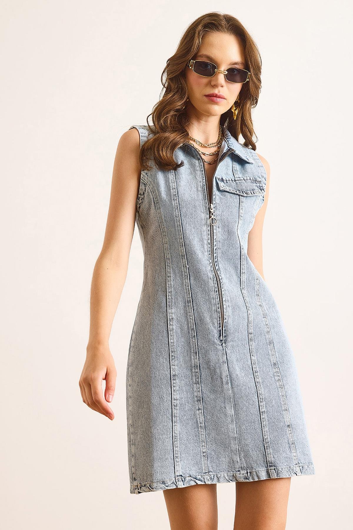 Fermuarlı Mini Denim Elbise Açık Mavi