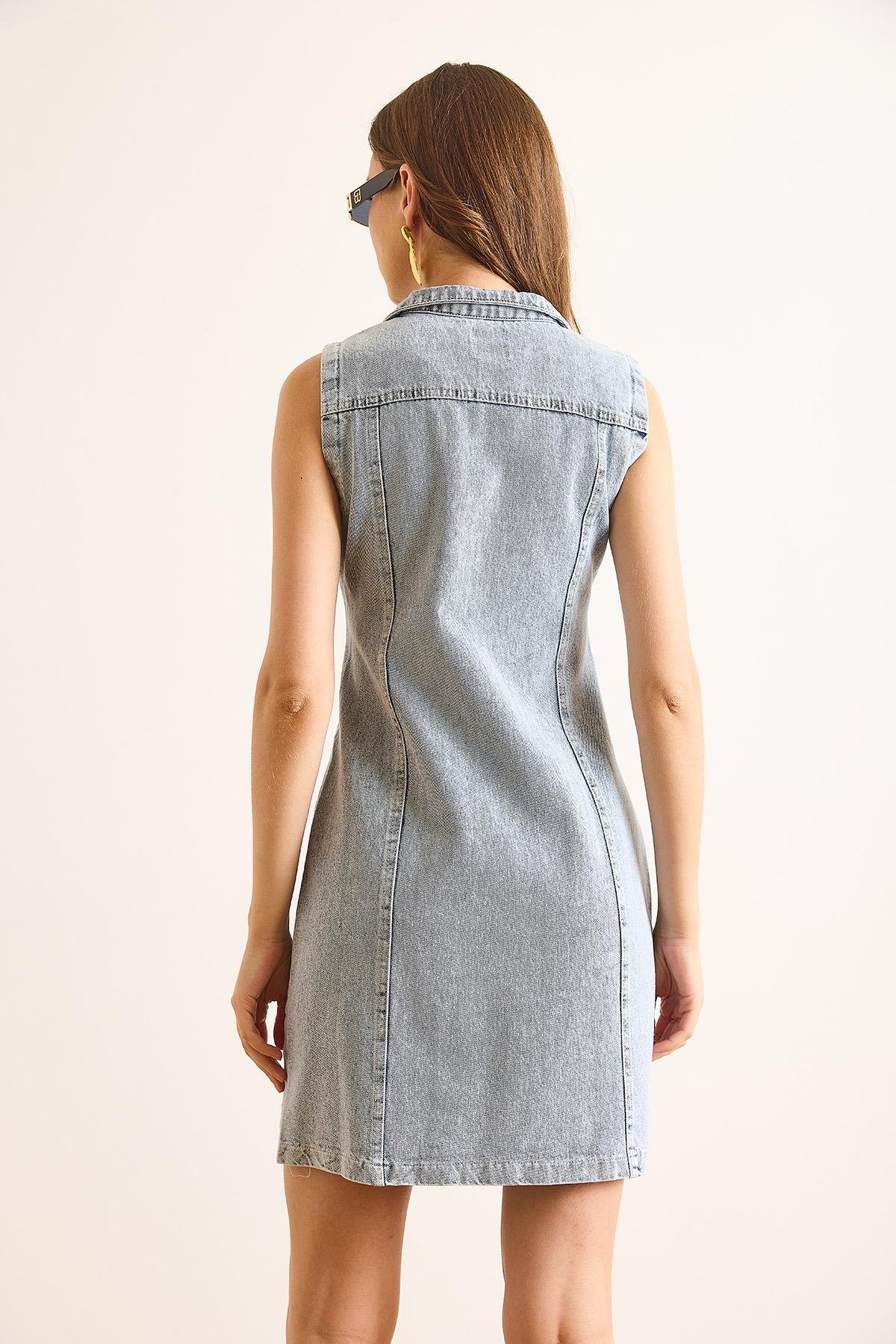 Fermuarlı Mini Denim Elbise Açık Mavi