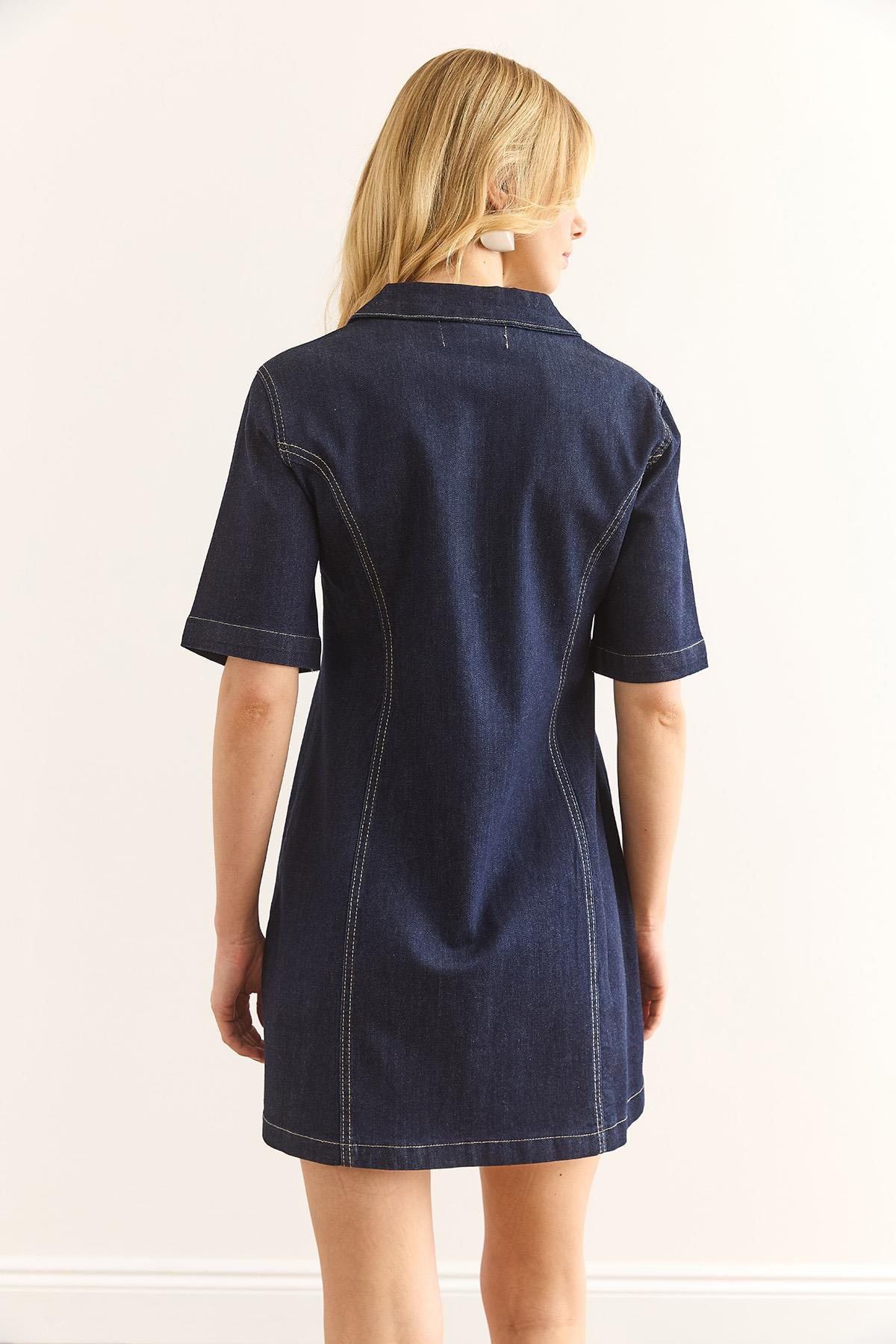 Fermuarlı Mini Denim Elbise Lacivert
