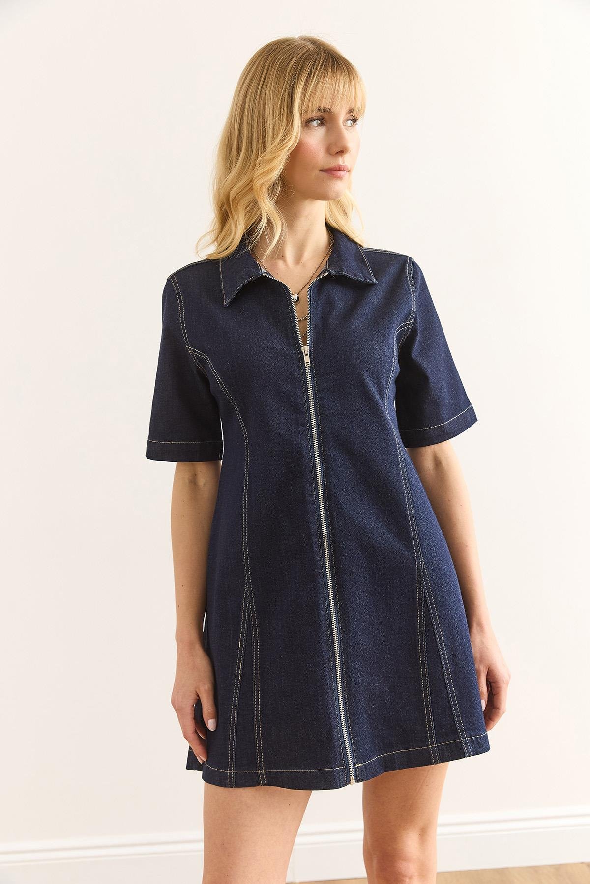 Fermuarlı Mini Denim Elbise Lacivert