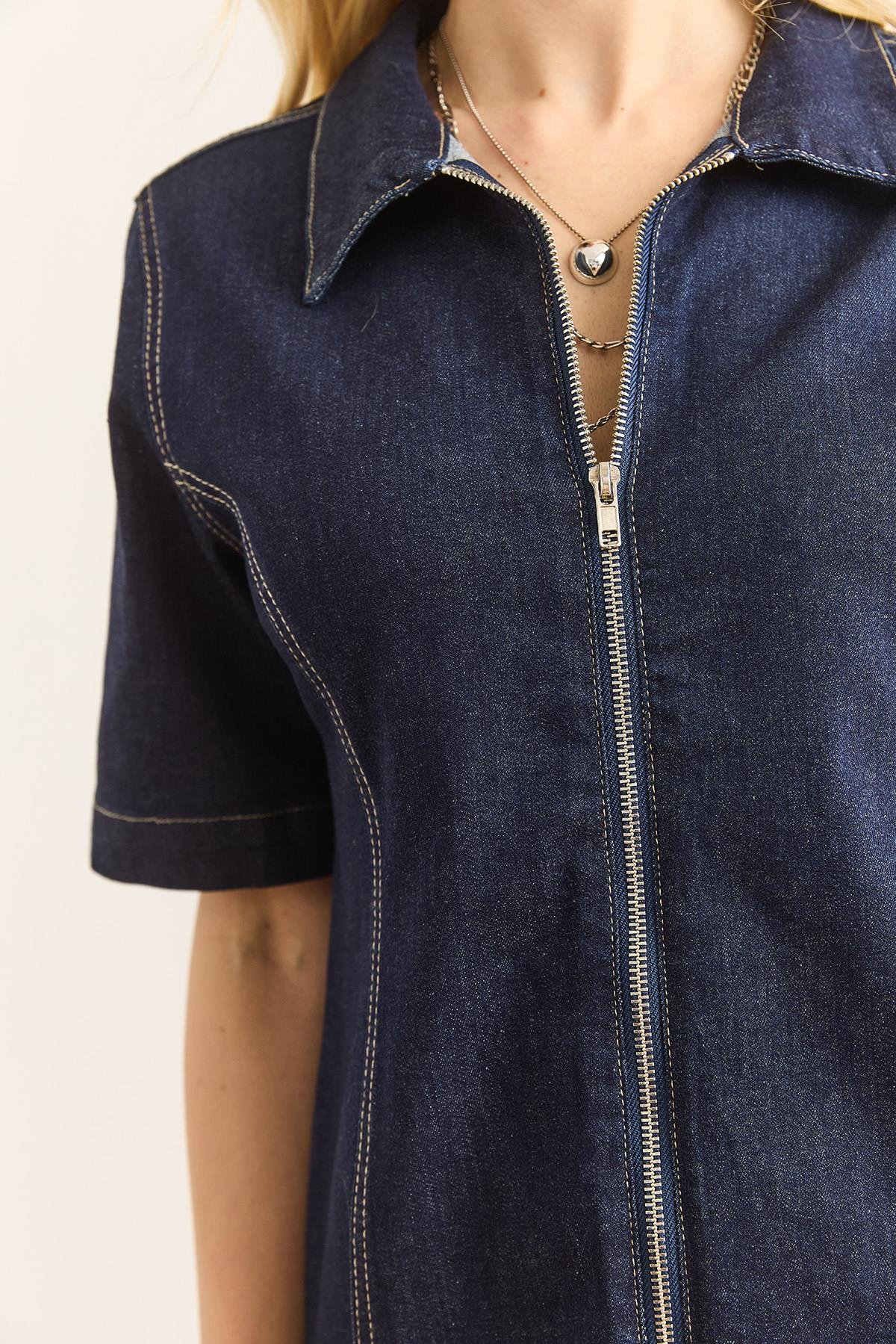 Fermuarlı Mini Denim Elbise Lacivert