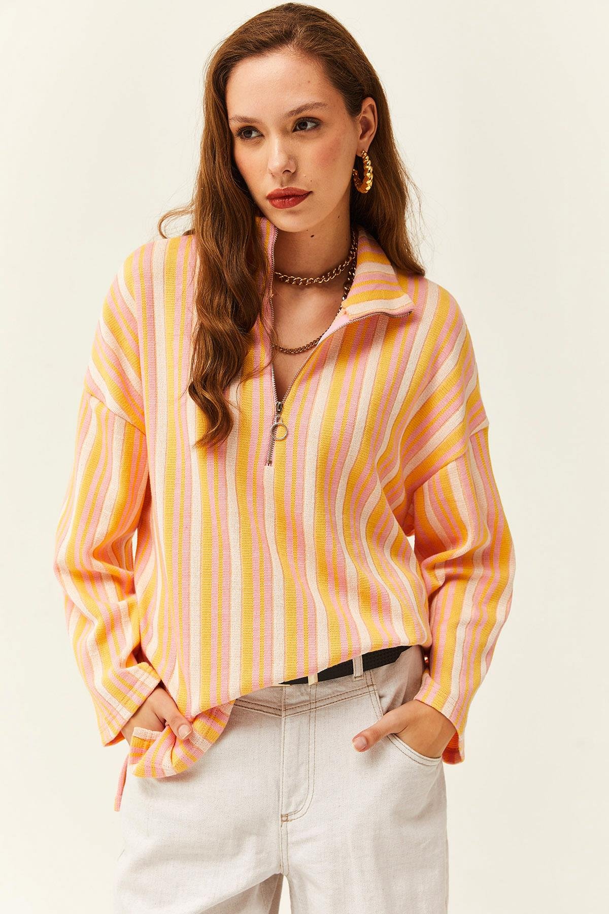 Fermuarlı Oversize Jakarlı Sweatshirt Pembe