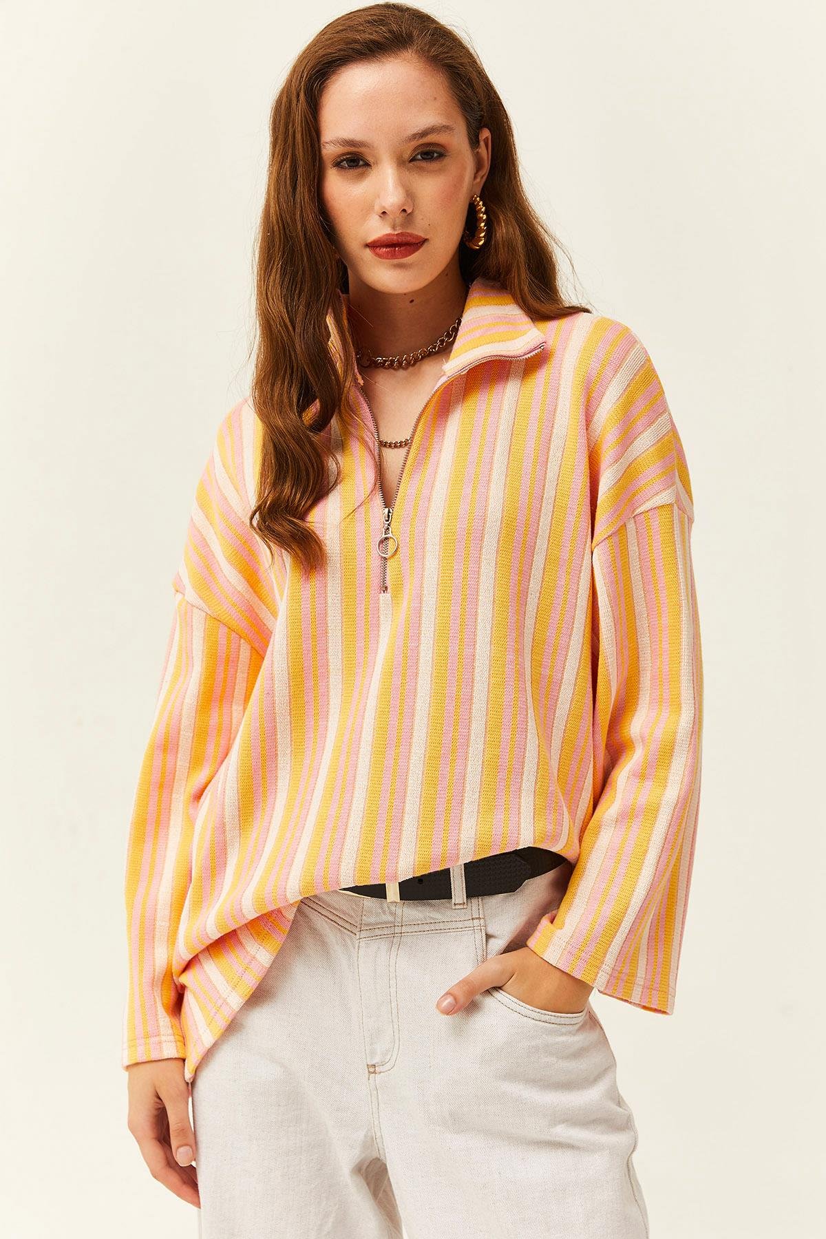 Fermuarlı Oversize Jakarlı Sweatshirt Pembe