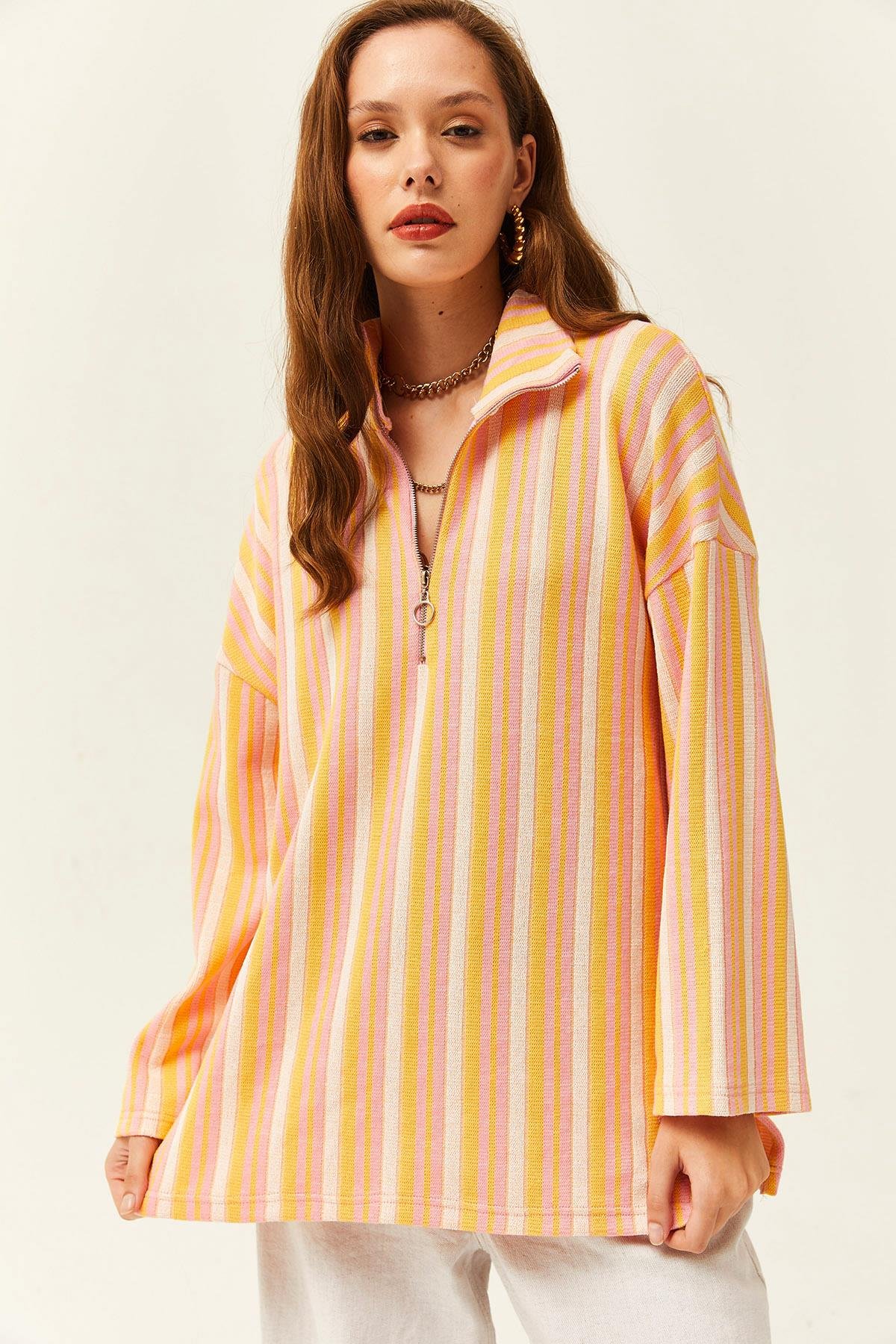 Fermuarlı Oversize Jakarlı Sweatshirt Pembe