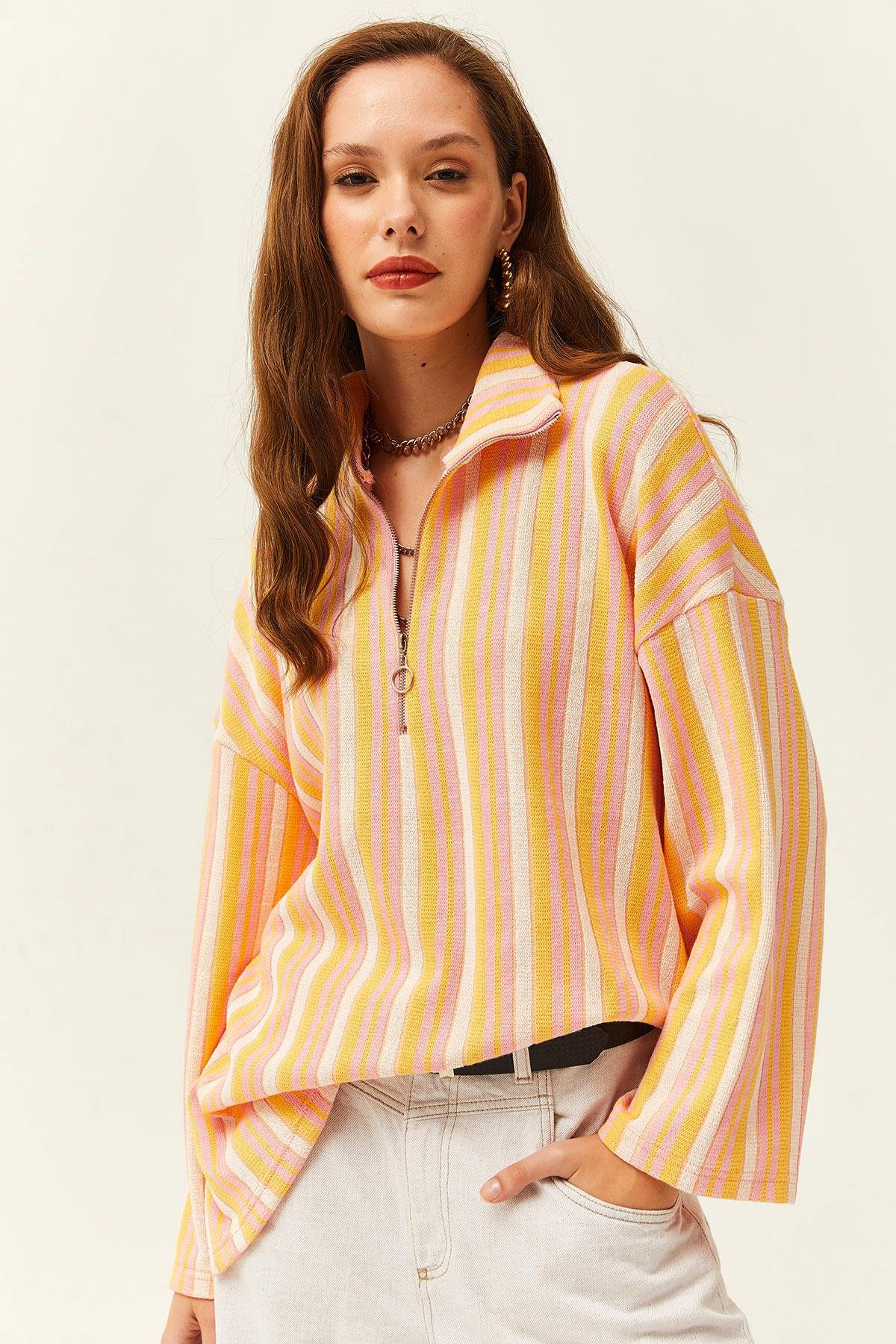 Fermuarlı Oversize Jakarlı Sweatshirt Pembe