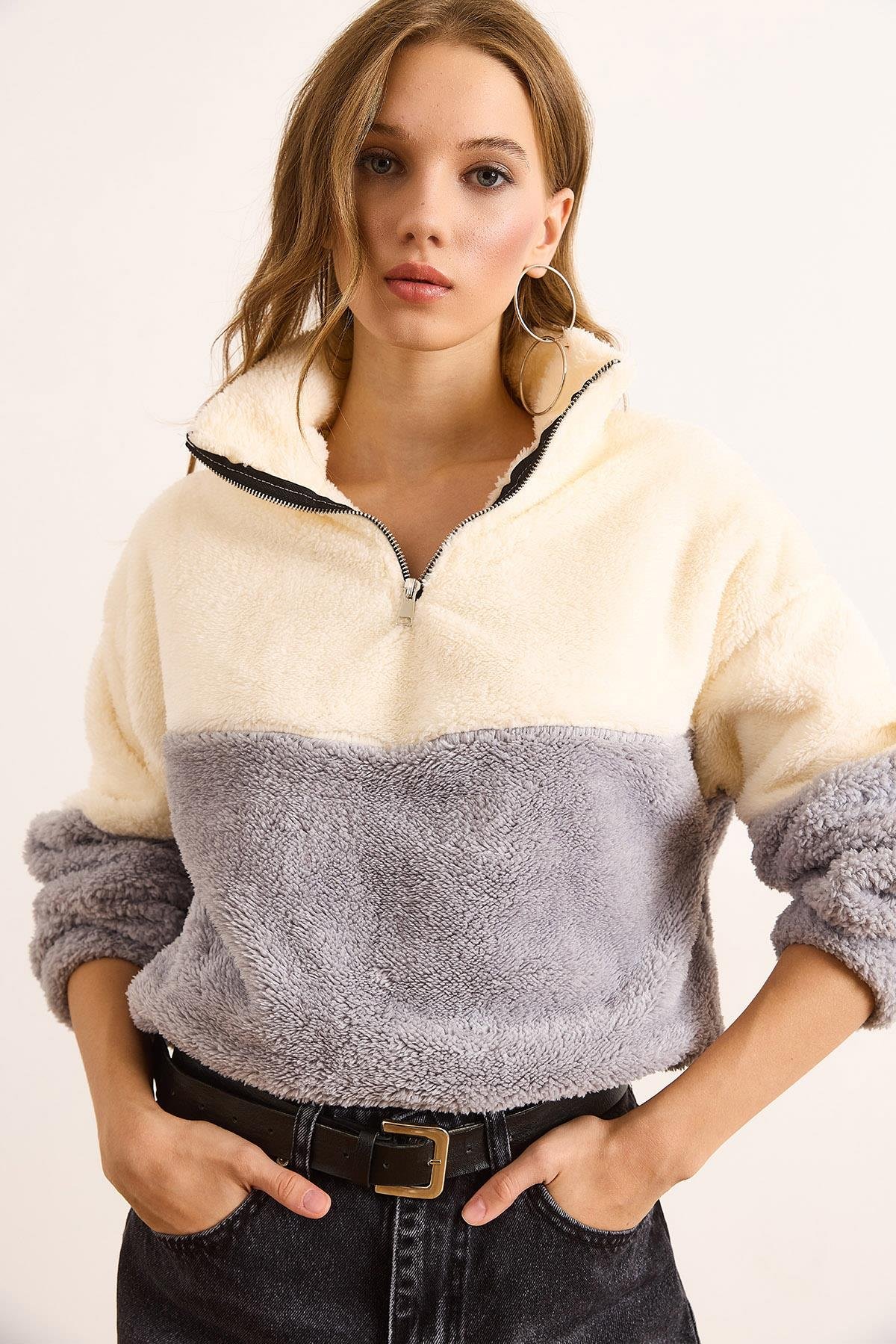 Fermuarlı Renk Bloklu Peluş Sweatshirt Gri Beyaz