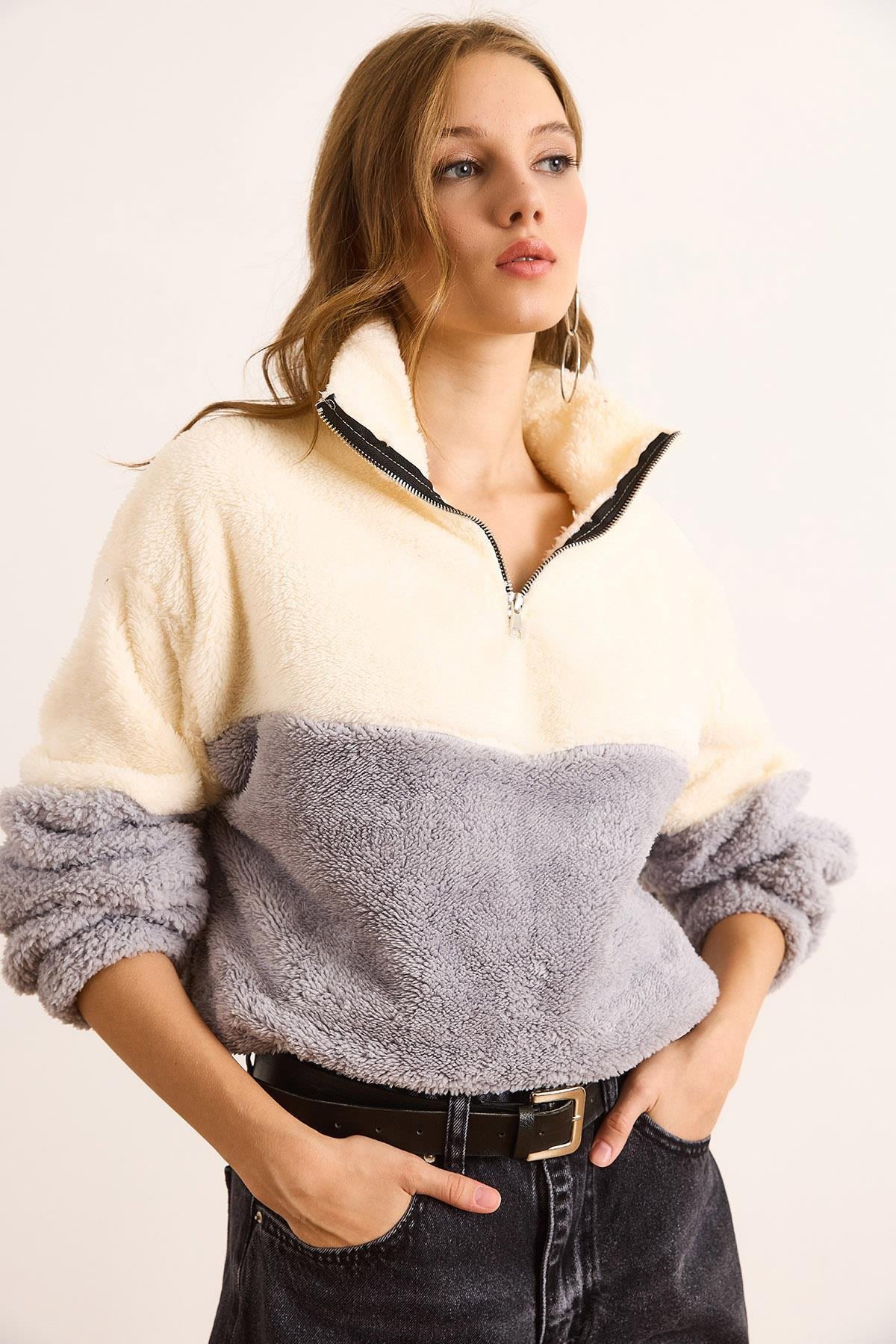 Fermuarlı Renk Bloklu Peluş Sweatshirt Gri Beyaz