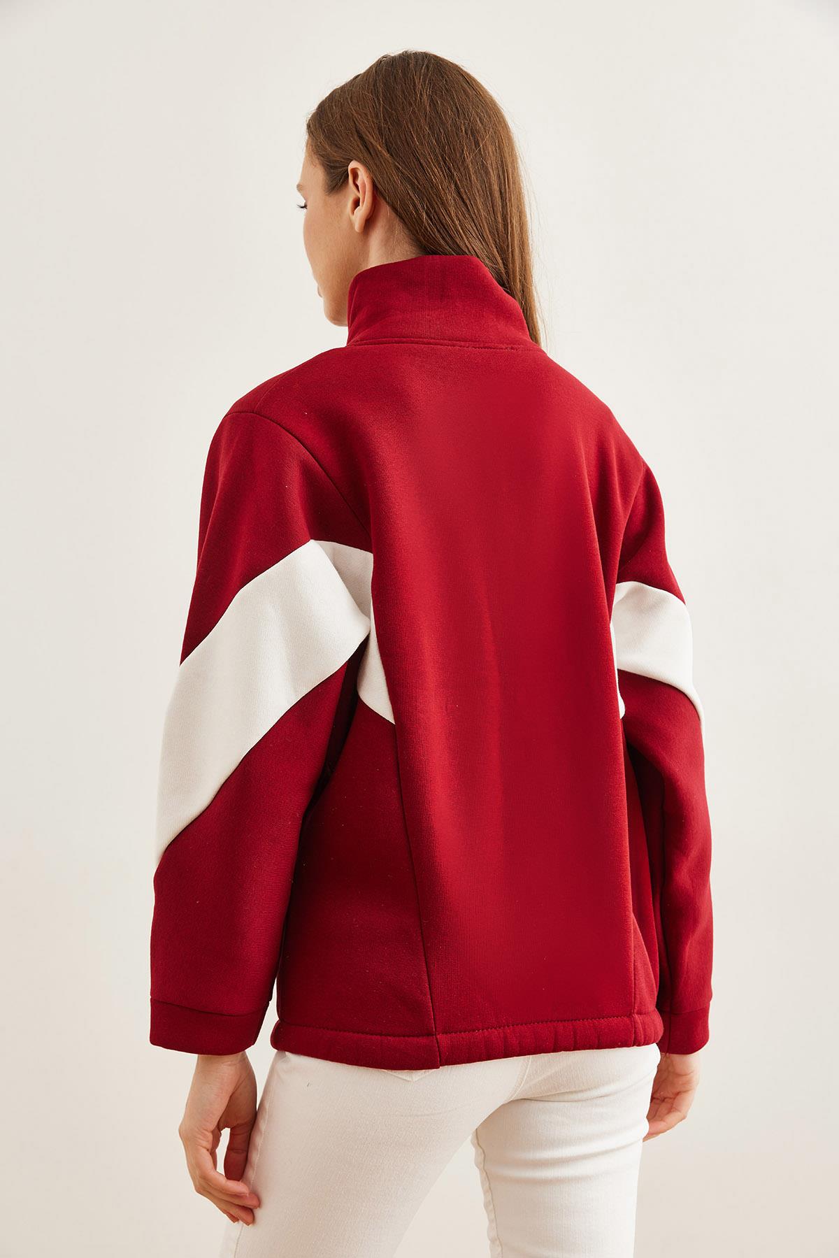 Fermuarlı Şardonlu Oversize Bloklu Sweatshirt Bordo