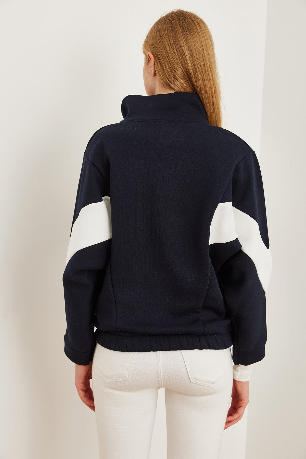 Fermuarlı Şardonlu Oversize Bloklu Sweatshirt Lacivert