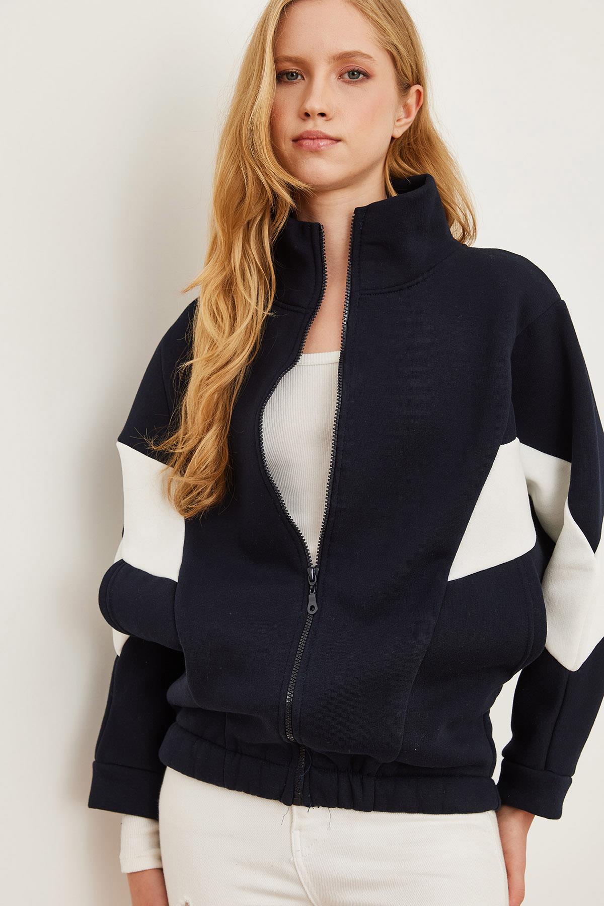 Fermuarlı Şardonlu Oversize Bloklu Sweatshirt Lacivert