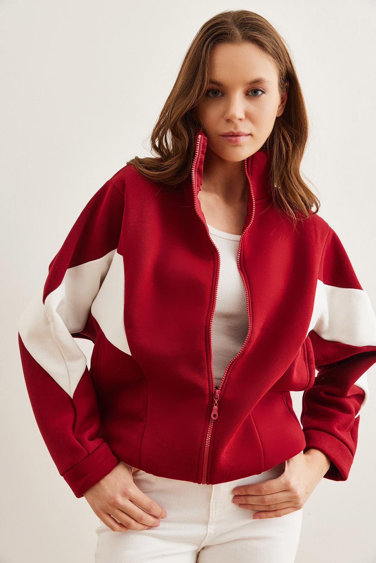 Fermuarlı Şardonlu Oversize Bloklu Sweatshirt Bordo