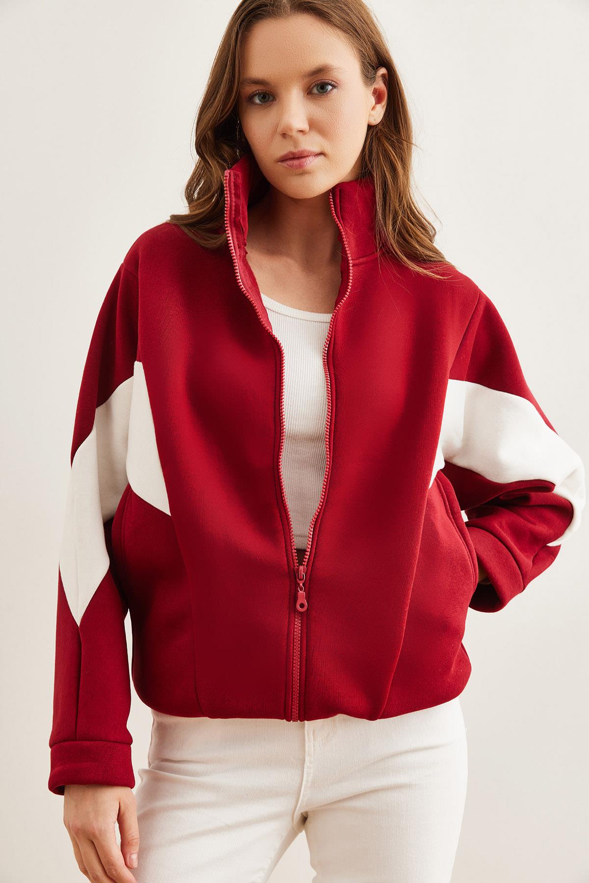 Fermuarlı Şardonlu Oversize Bloklu Sweatshirt Bordo