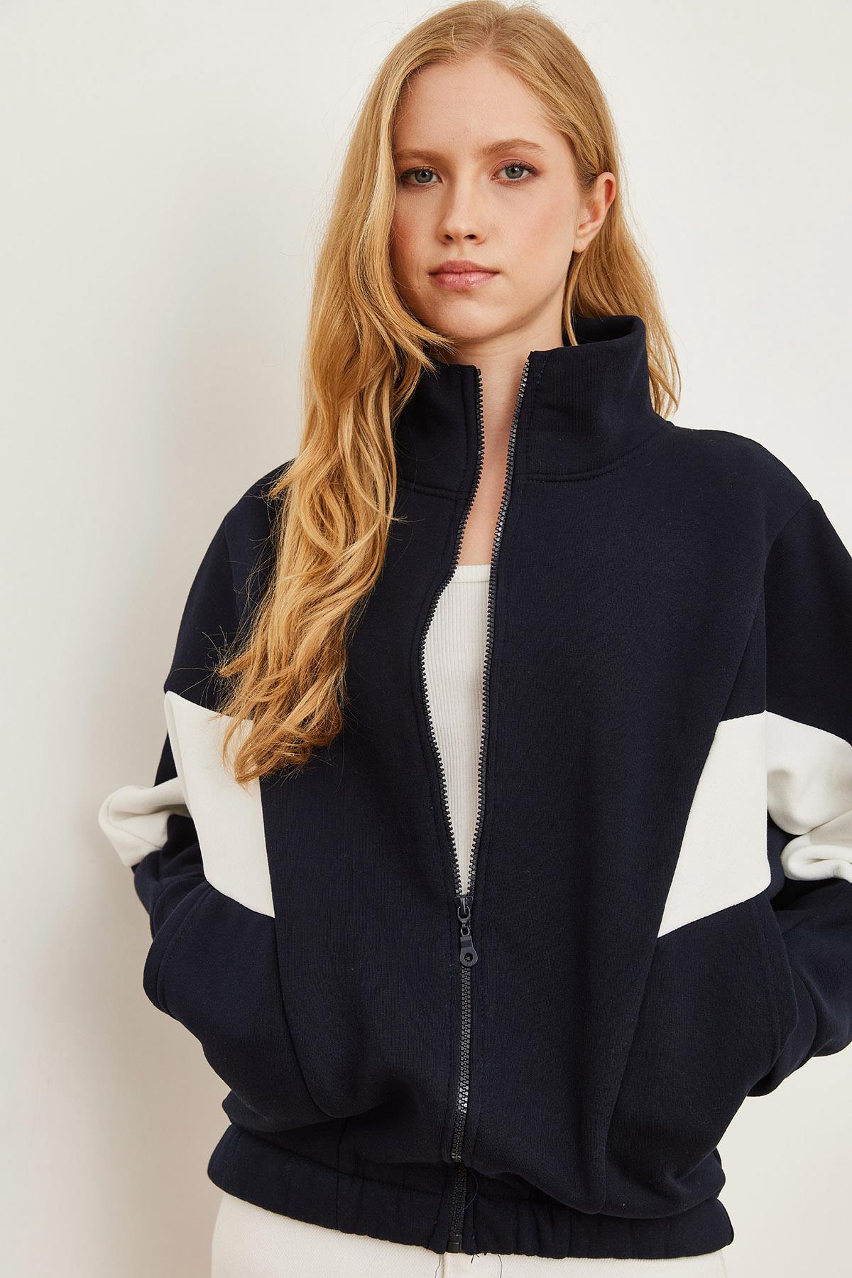 Fermuarlı Şardonlu Oversize Bloklu Sweatshirt Lacivert