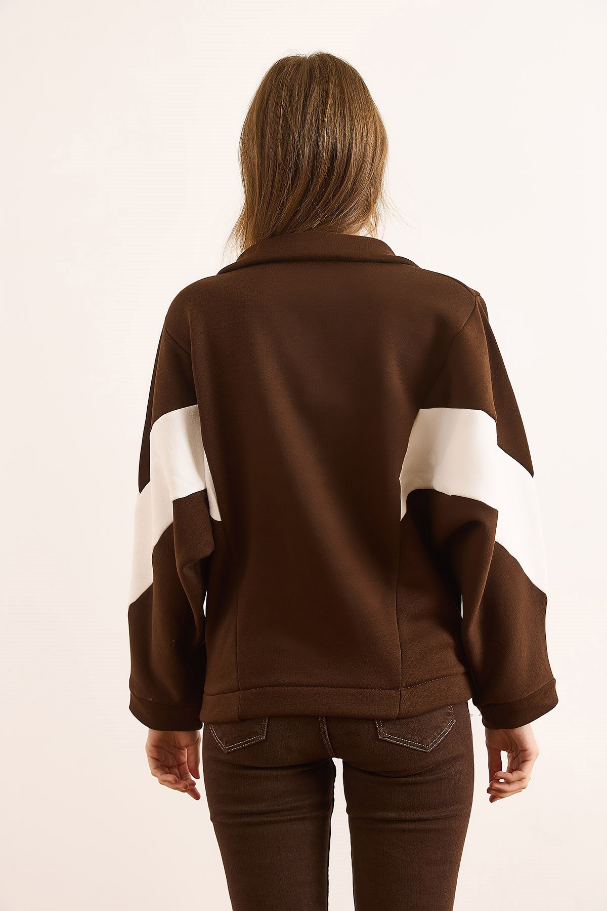 Fermuarlı Şardonlu Oversize Bloklu Sweatshirt Acı Kahve