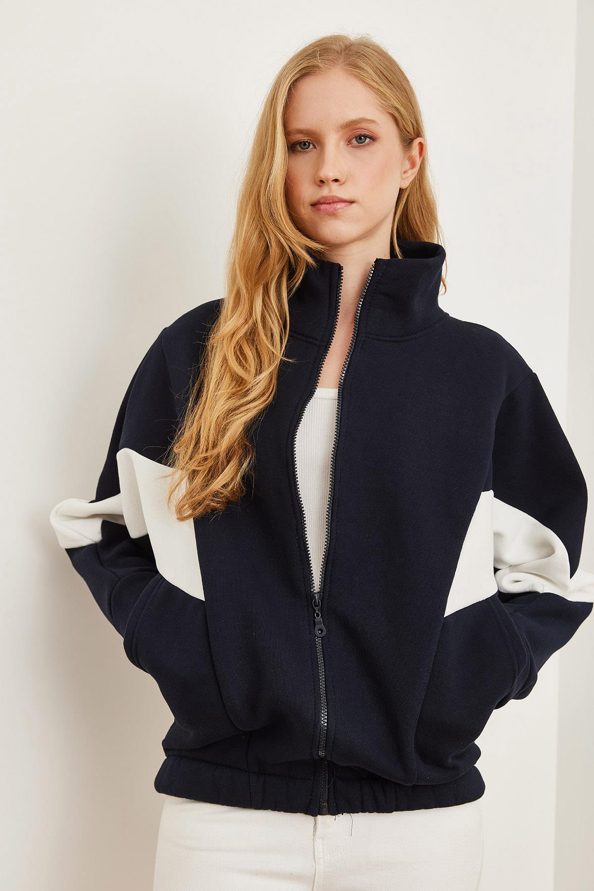 Fermuarlı Şardonlu Oversize Bloklu Sweatshirt Lacivert