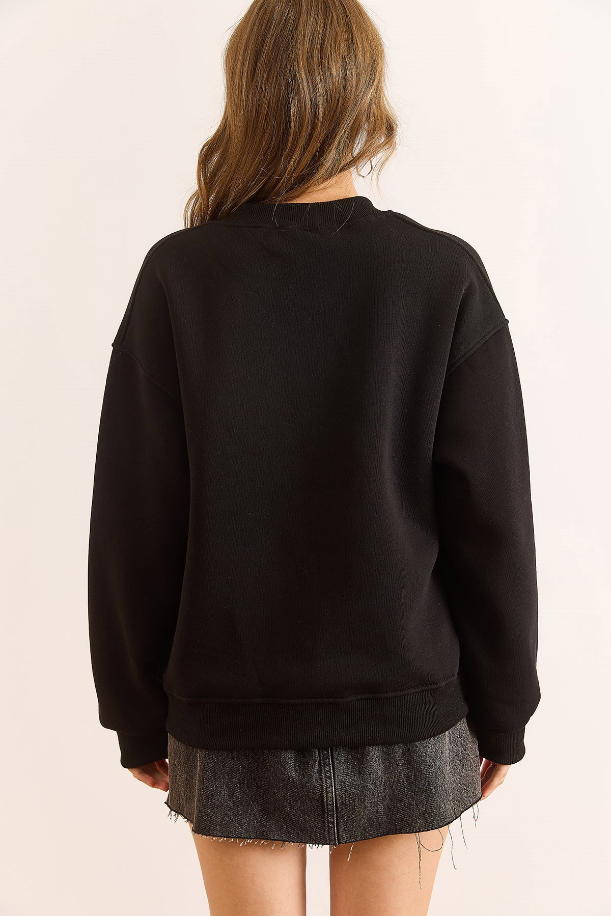 Fermuarlı Yan Cepli Şardonlu Kalın Kolej Sweatshirt Siyah