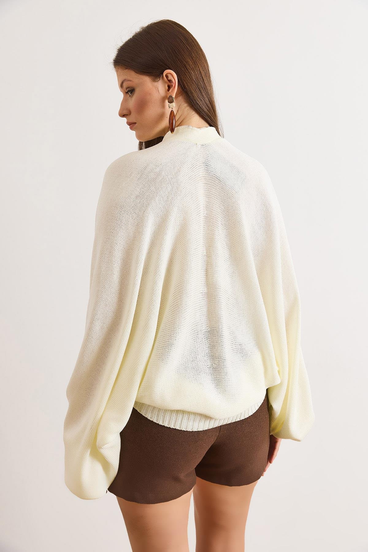 Fermuarlı Yarasa Loose Fit Hırka Ekru