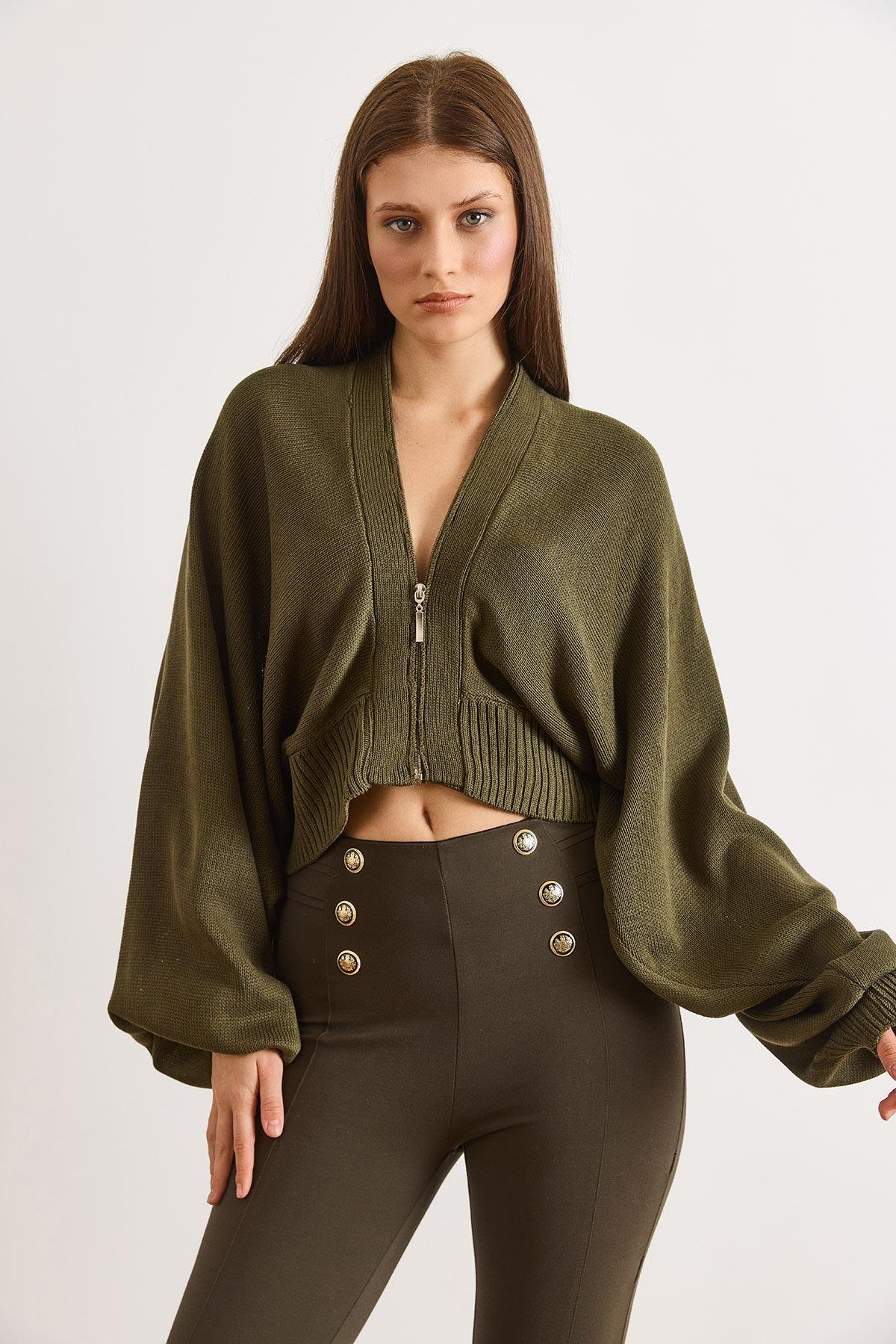 Fermuarlı Yarasa Loose Fit Hırka Yeşil