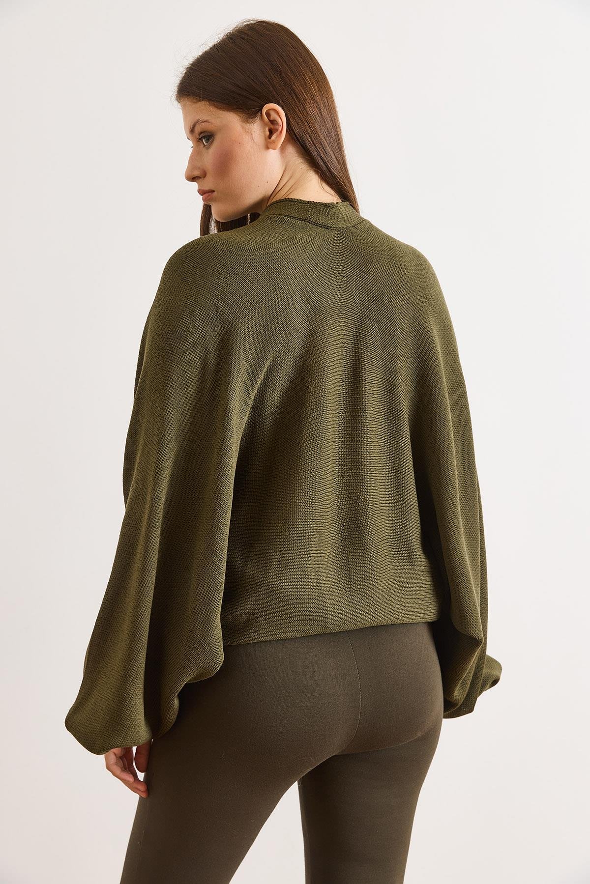 Fermuarlı Yarasa Loose Fit Hırka Yeşil