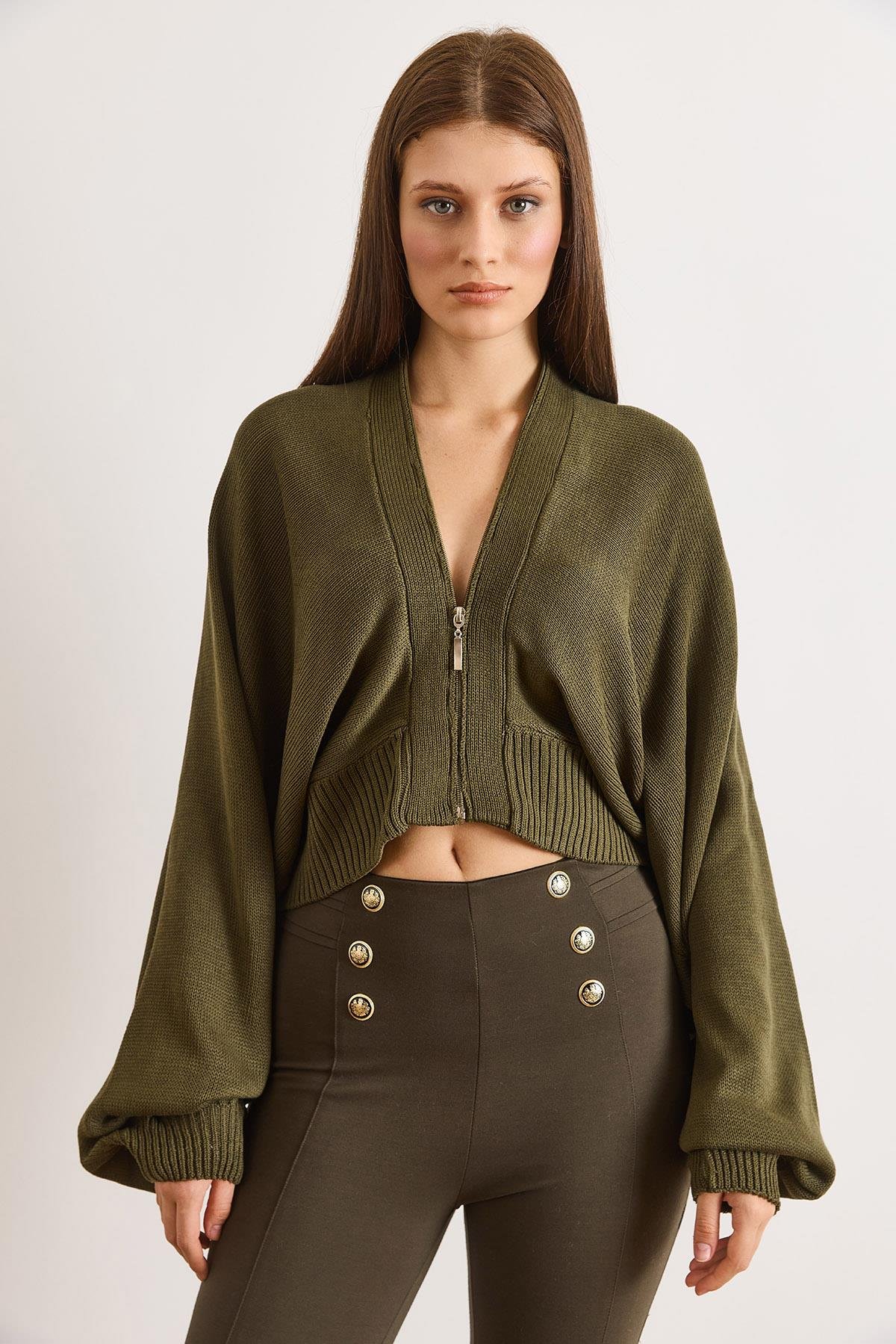 Fermuarlı Yarasa Loose Fit Hırka Yeşil