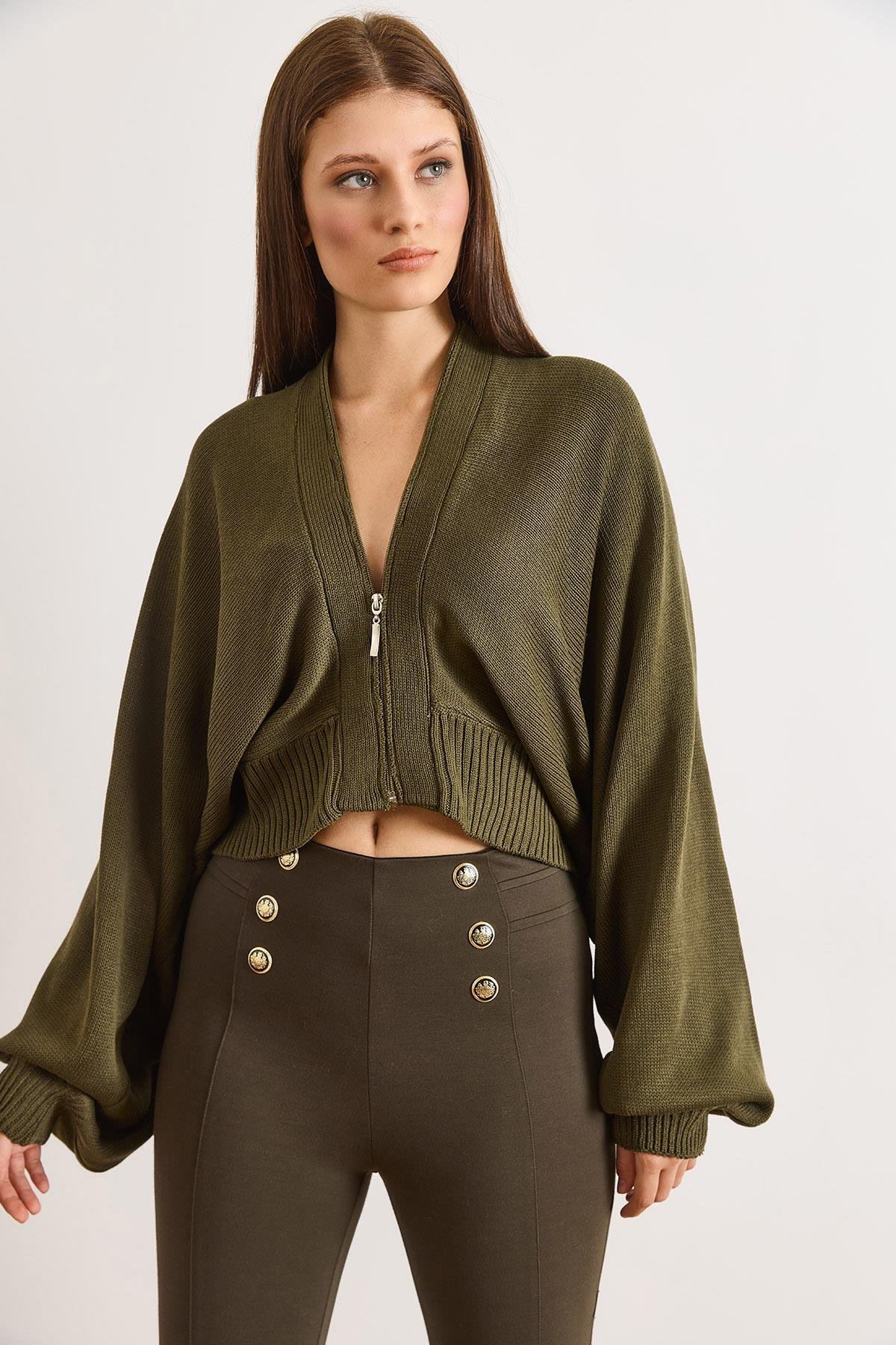 Fermuarlı Yarasa Loose Fit Hırka Yeşil