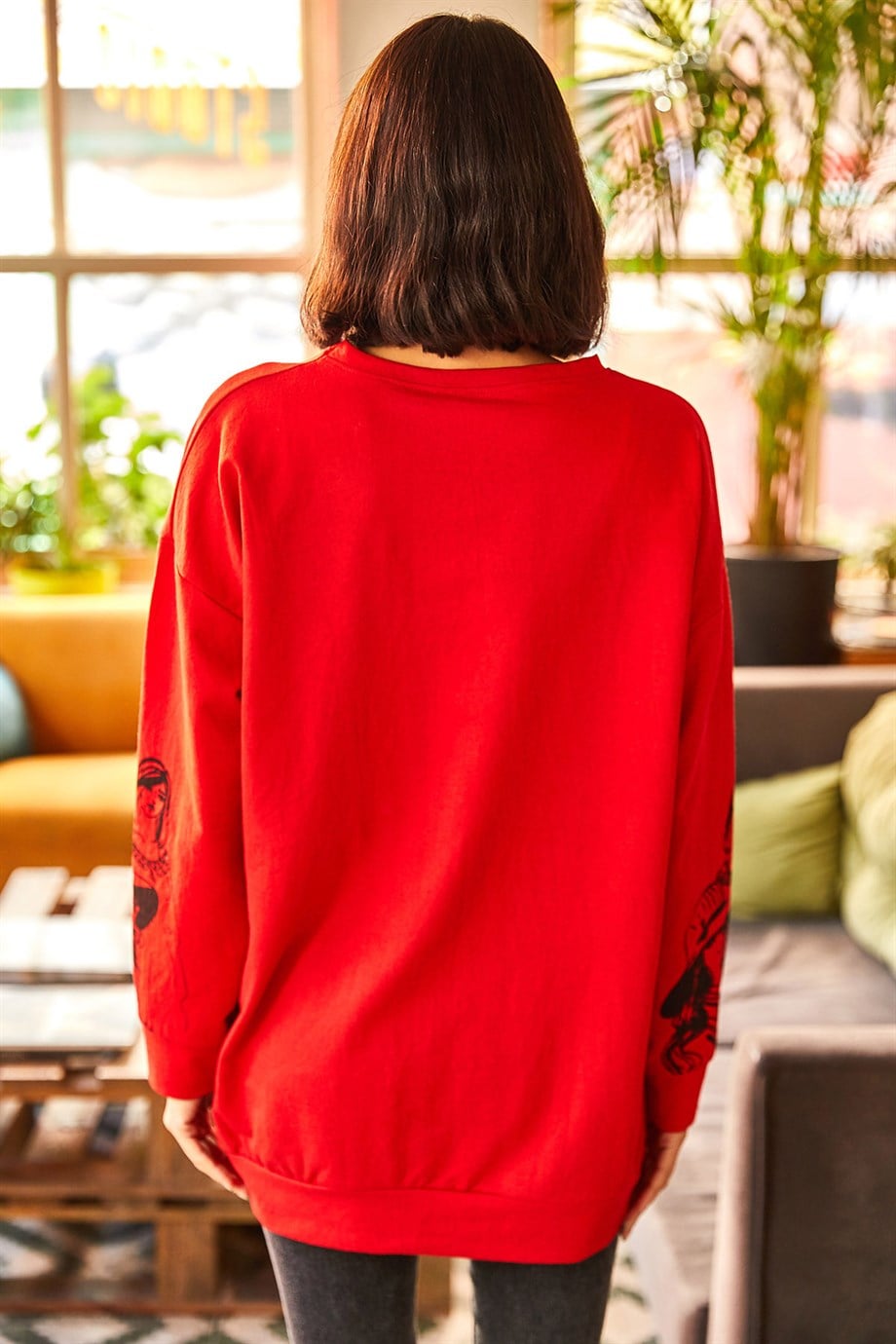 Figürlü Oversize Sweatshirt Bordo