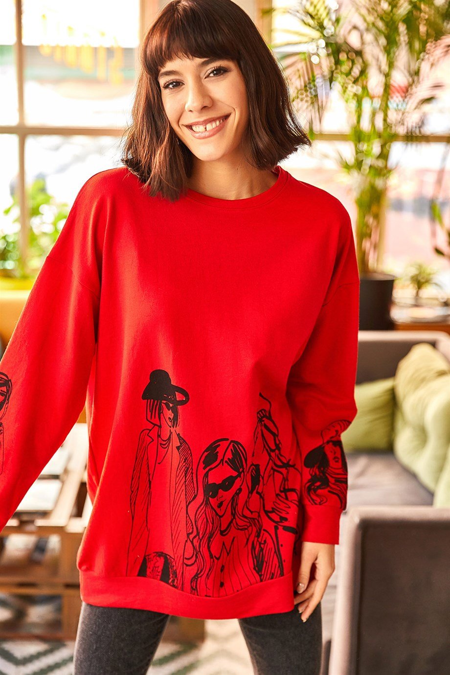Figürlü Oversize Sweatshirt Bordo