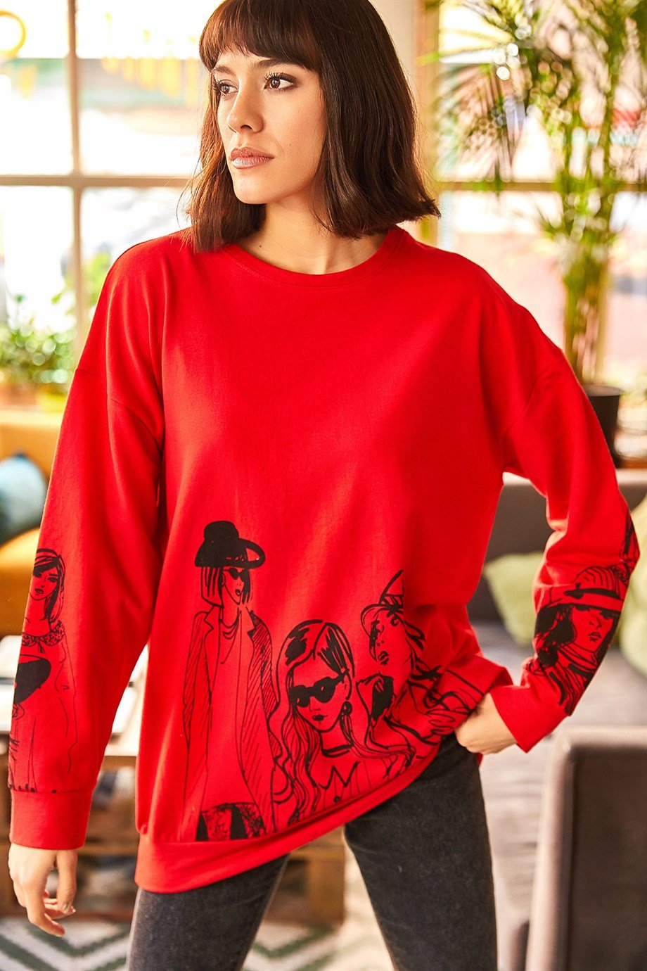 Figürlü Oversize Sweatshirt Bordo