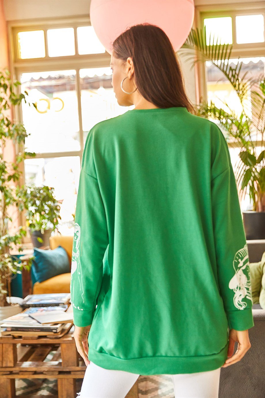 Figürlü Oversize Sweatshirt Çimen Yeşili