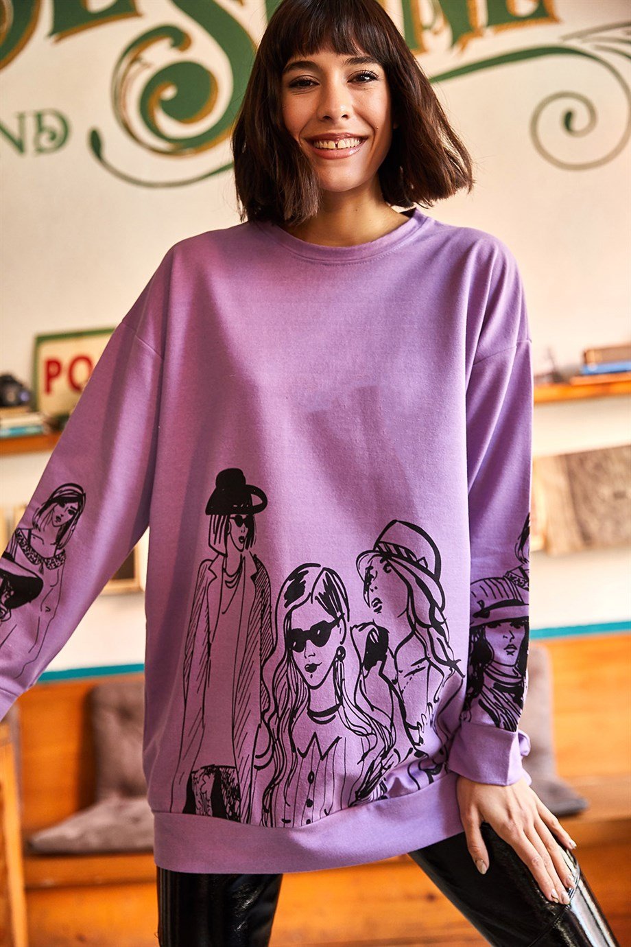 Figürlü Oversize Sweatshirt Lila