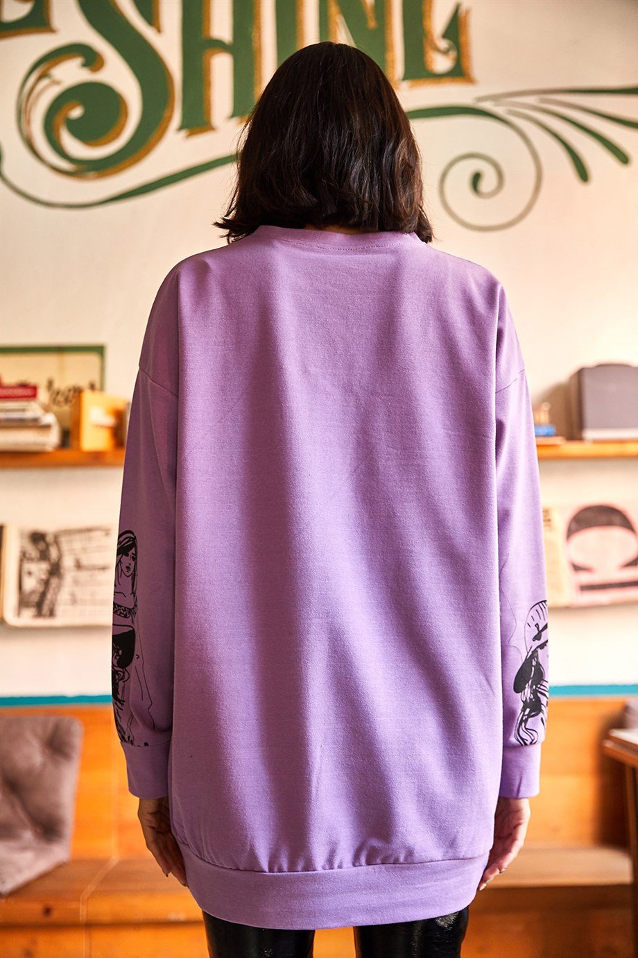 Figürlü Oversize Sweatshirt Lila