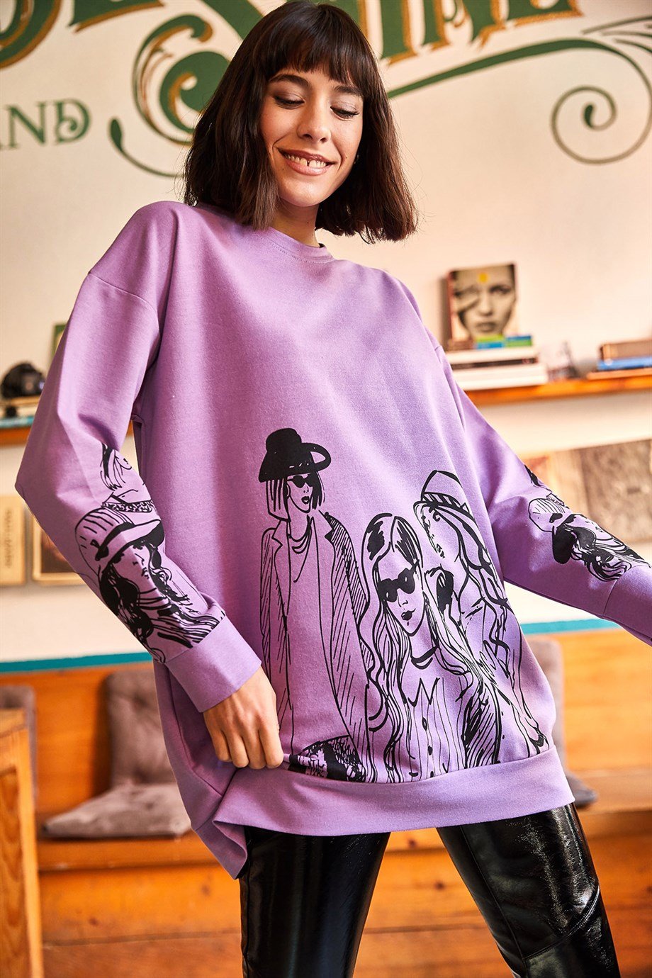 Figürlü Oversize Sweatshirt Lila
