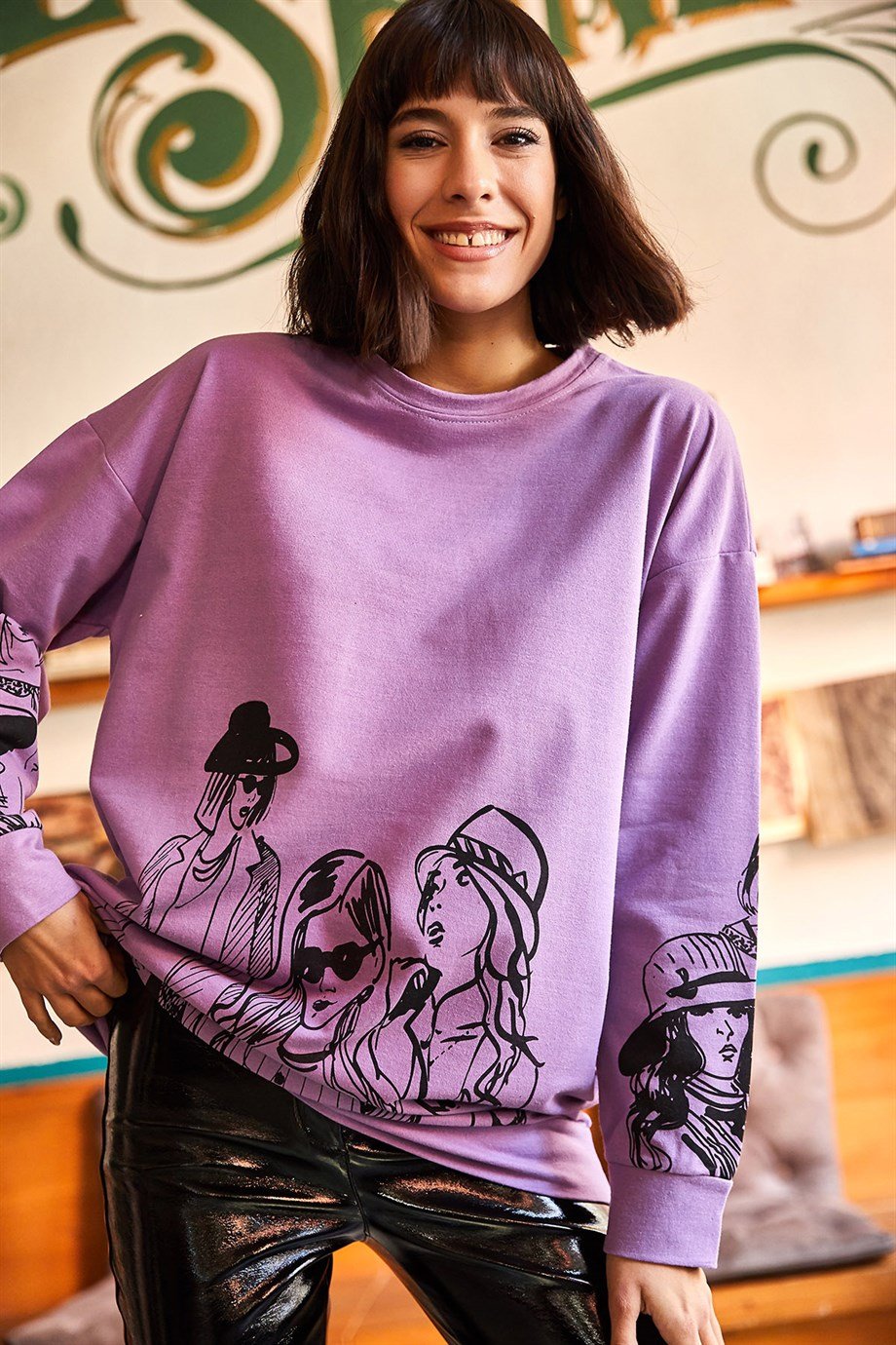 Figürlü Oversize Sweatshirt Lila
