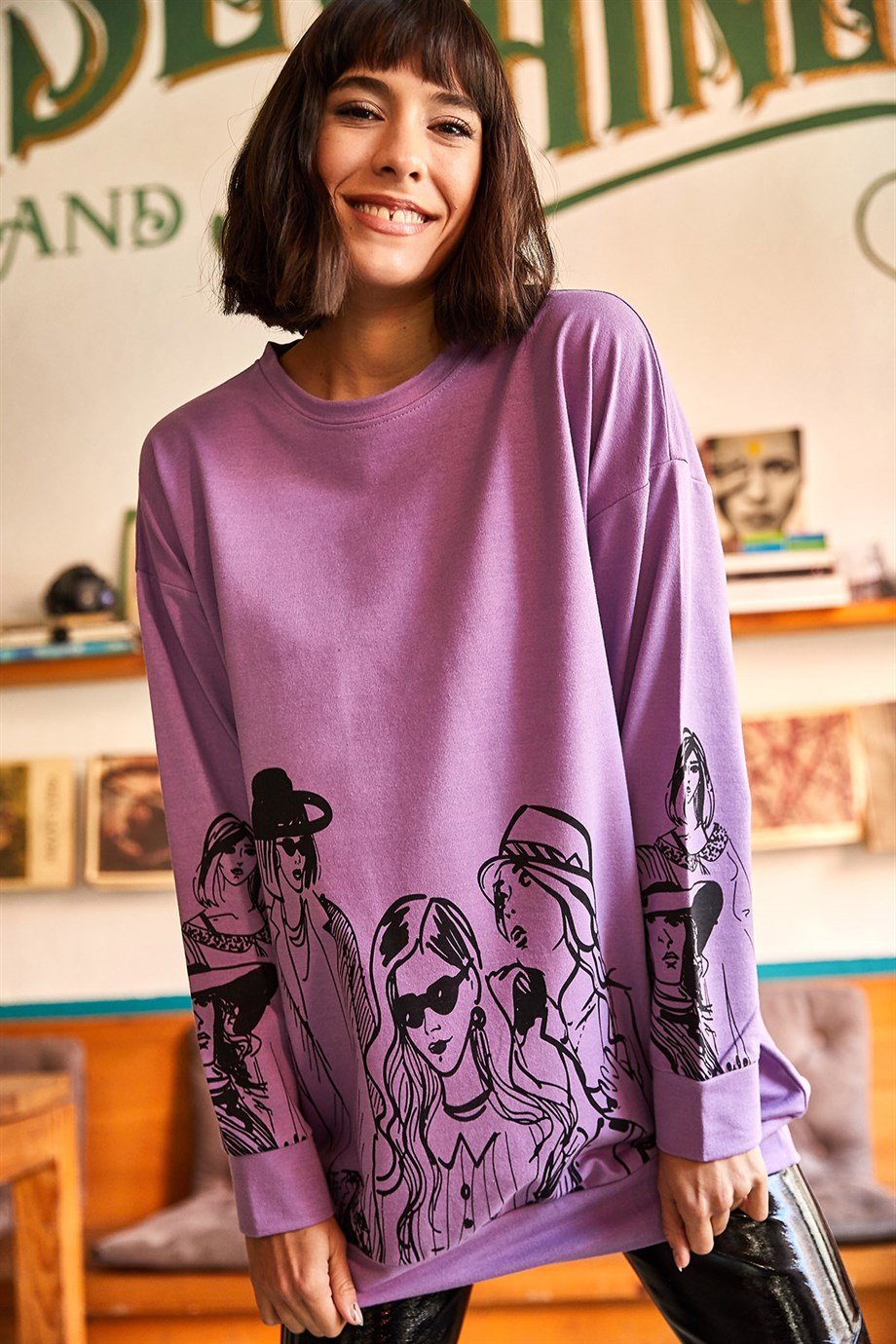 Figürlü Oversize Sweatshirt Lila