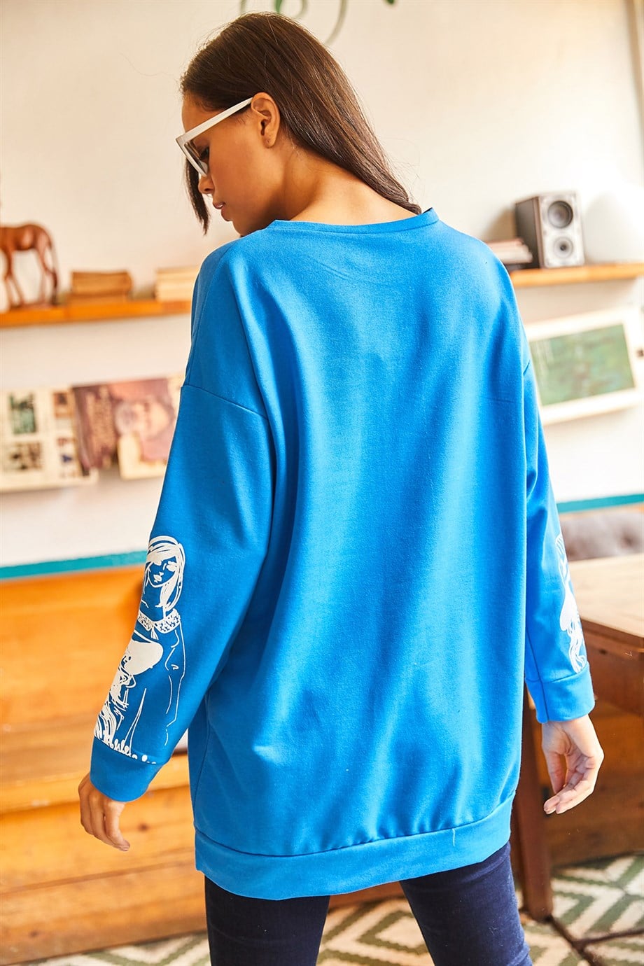 Figürlü Oversize Sweatshirt Mavi
