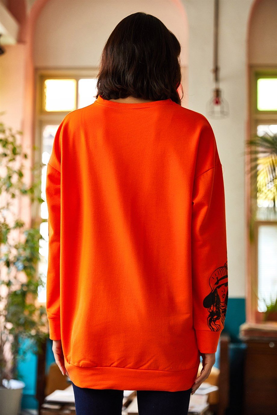 Figürlü Oversize Sweatshirt Turuncu