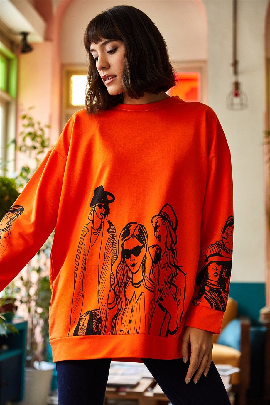 Figürlü Oversize Sweatshirt Turuncu