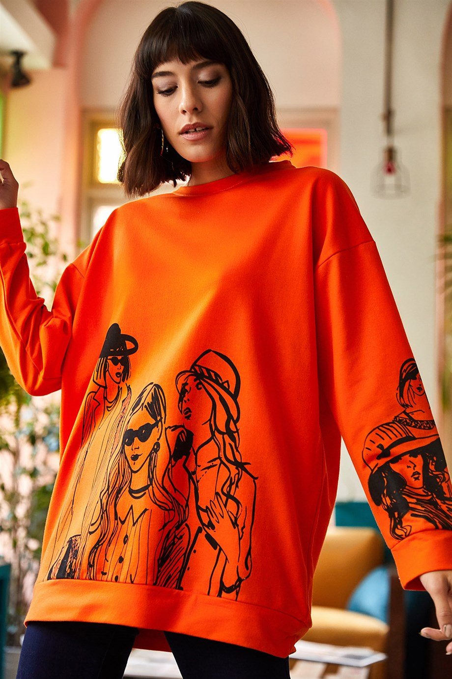 Figürlü Oversize Sweatshirt Turuncu