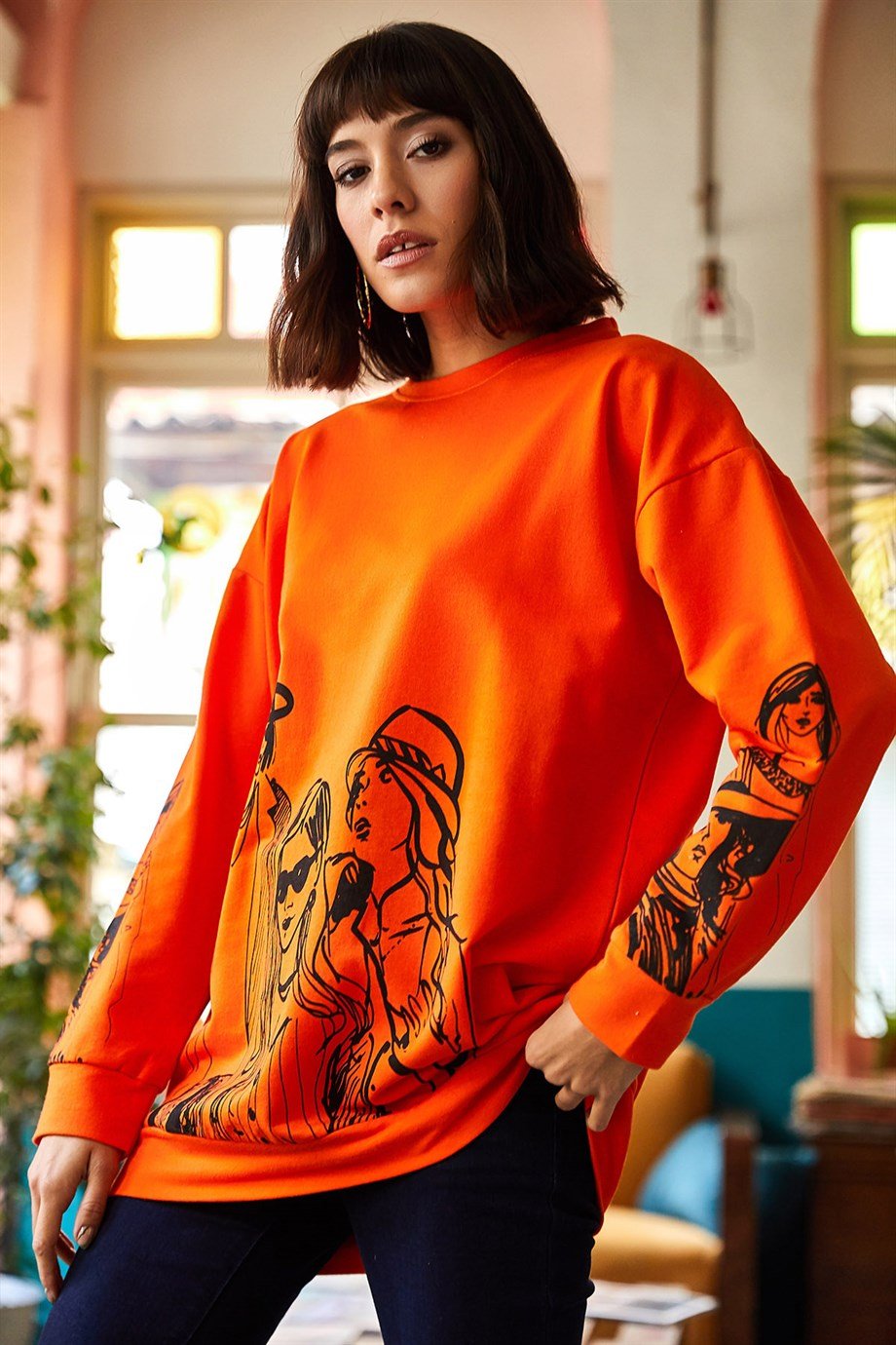Figürlü Oversize Sweatshirt Turuncu
