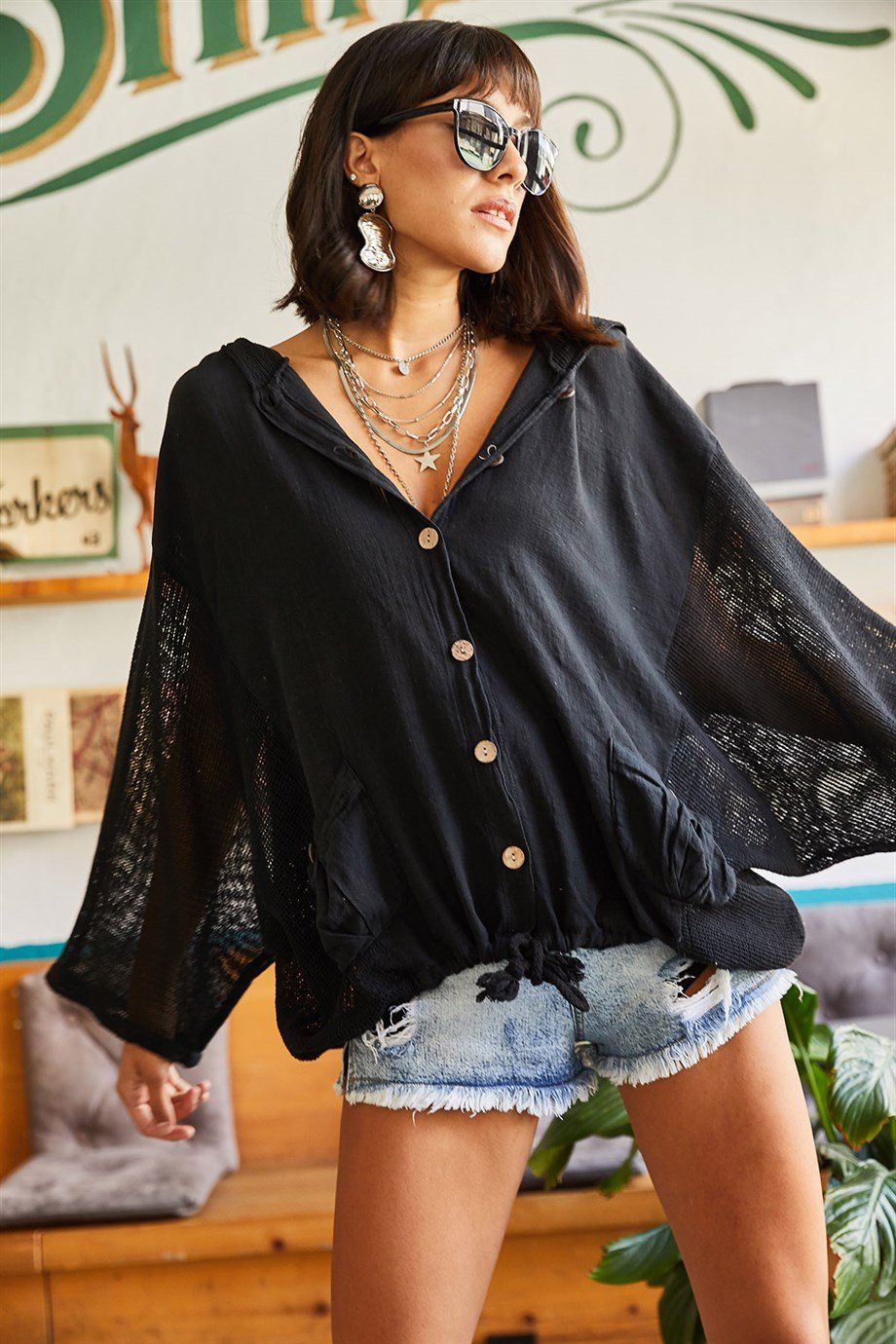 File Detaylı Oversize Keten Ceket Siyah