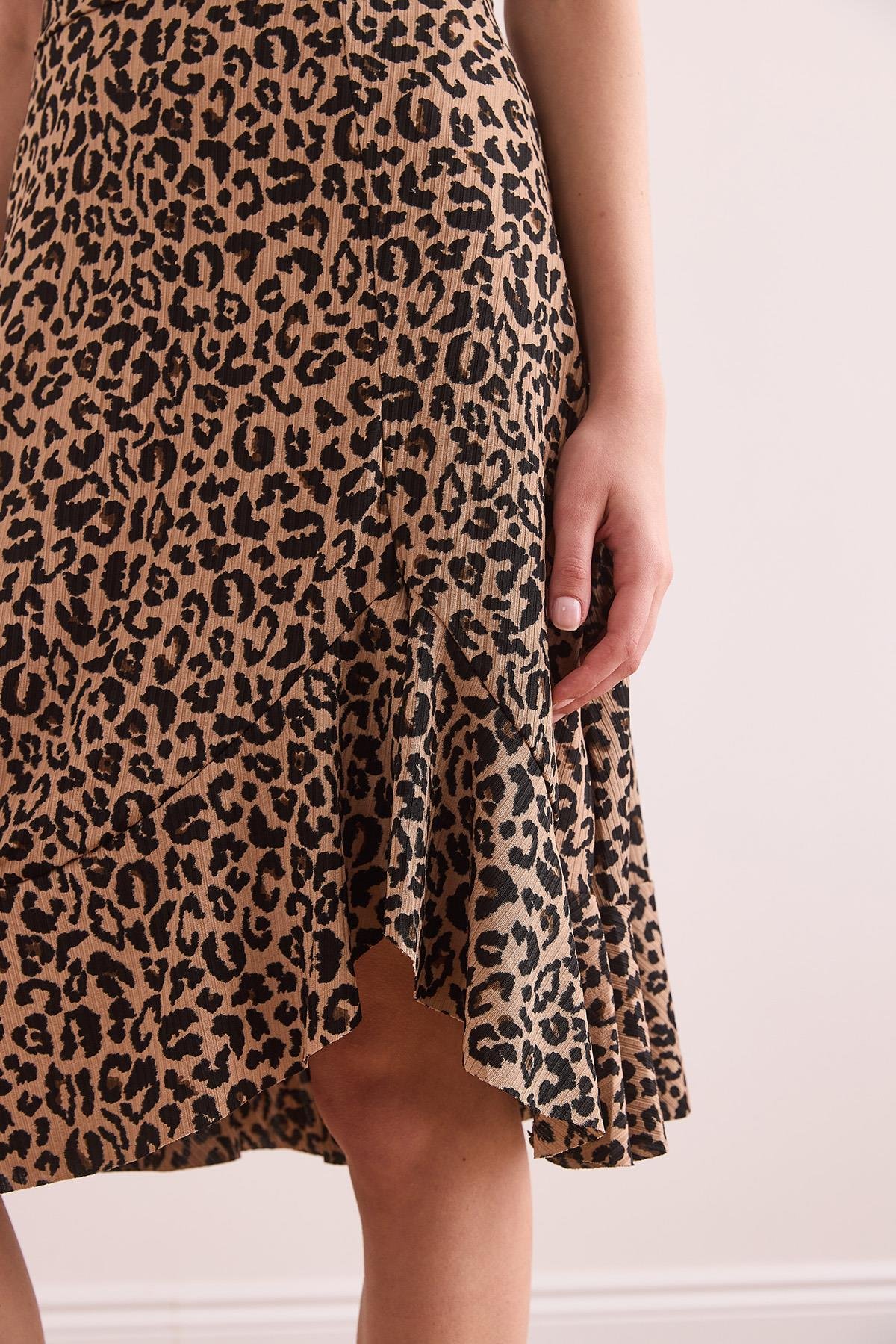 Fırfırlı Fitilli Dökümlü Etek Leopar Camel