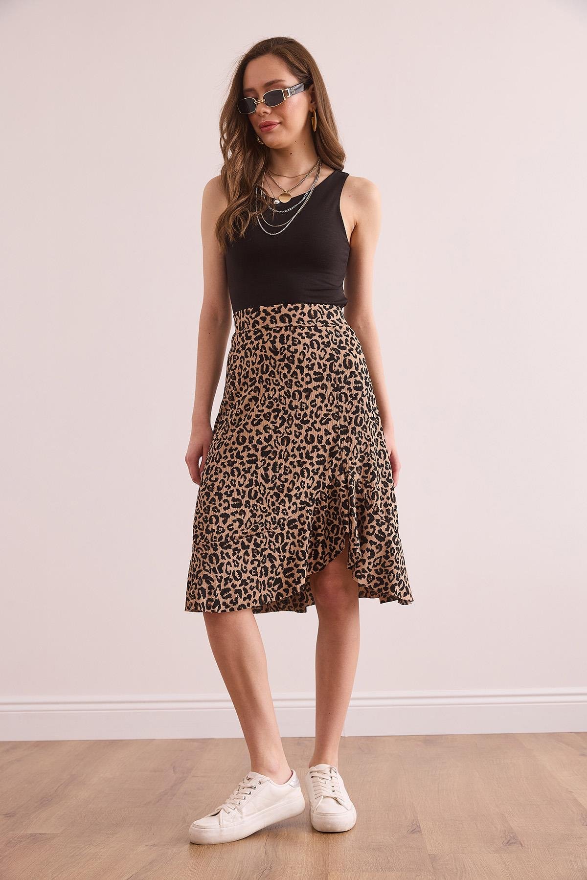 Fırfırlı Fitilli Dökümlü Etek Leopar Camel
