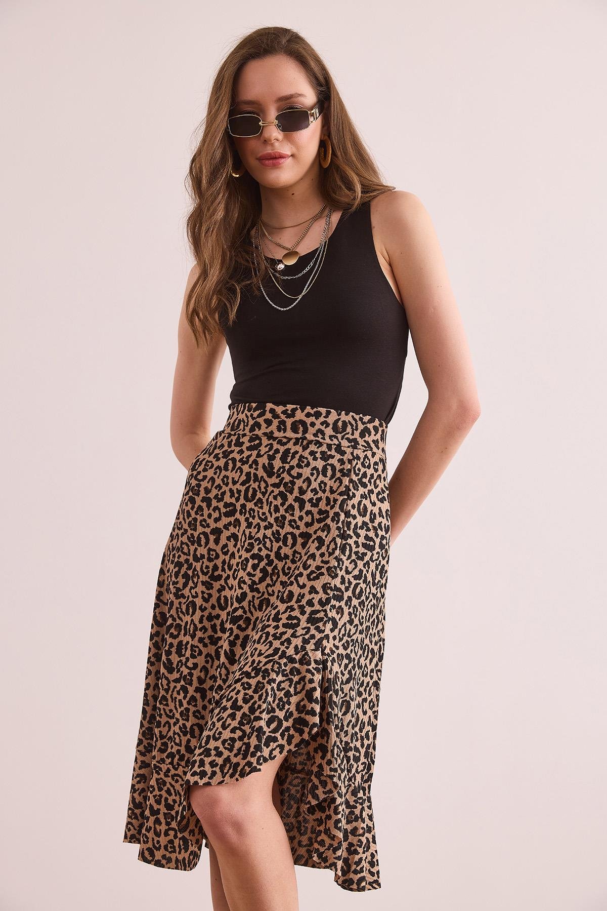 Fırfırlı Fitilli Dökümlü Etek Leopar Camel