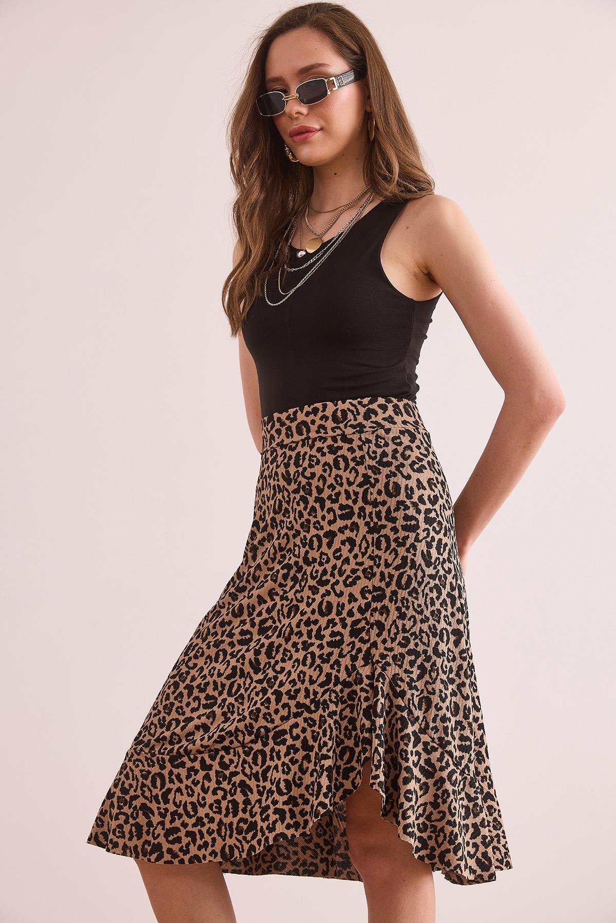 Fırfırlı Fitilli Dökümlü Etek Leopar Camel